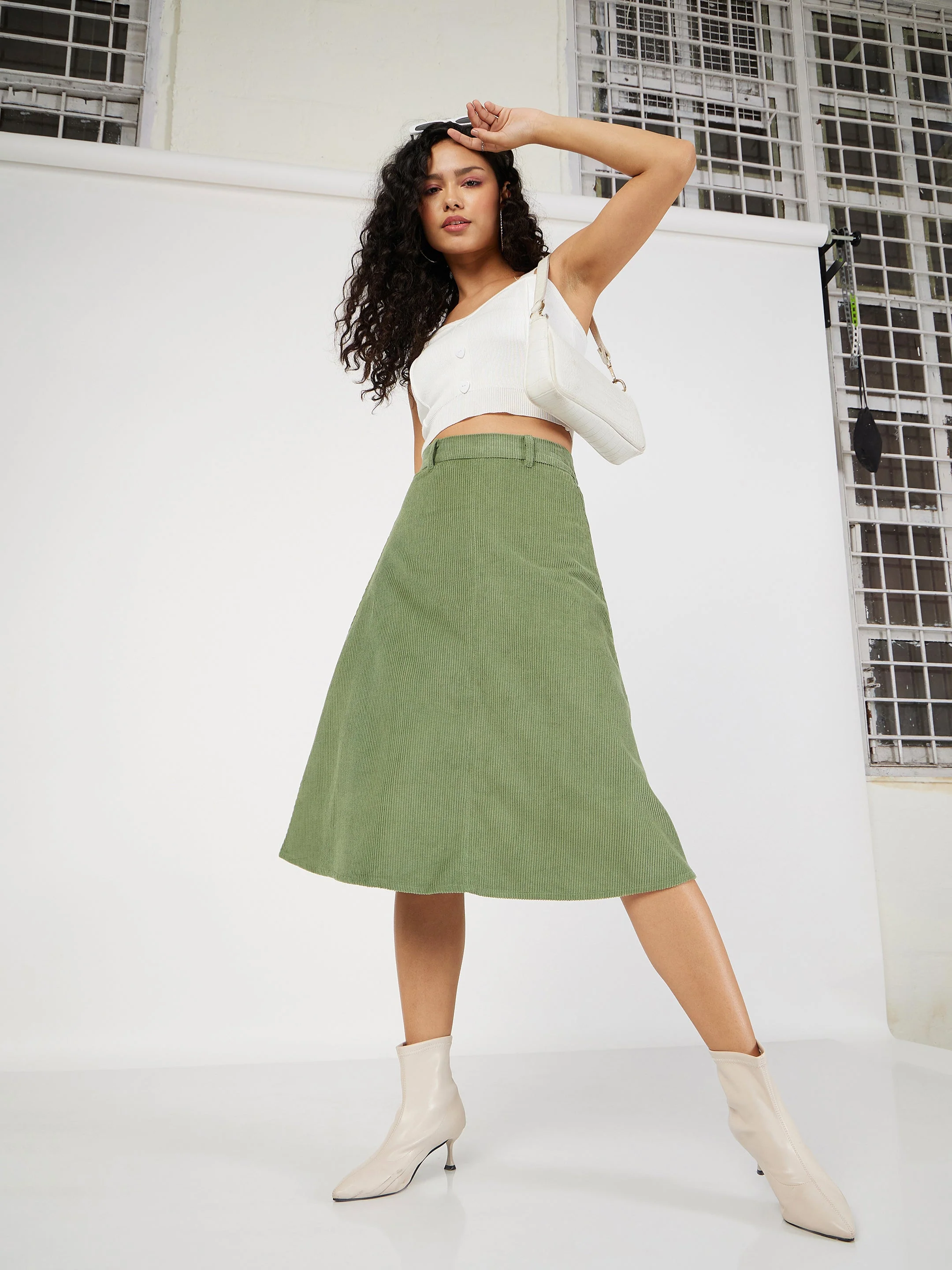 Women Olive Corduroy A-Line Midi Skirt - Image 6