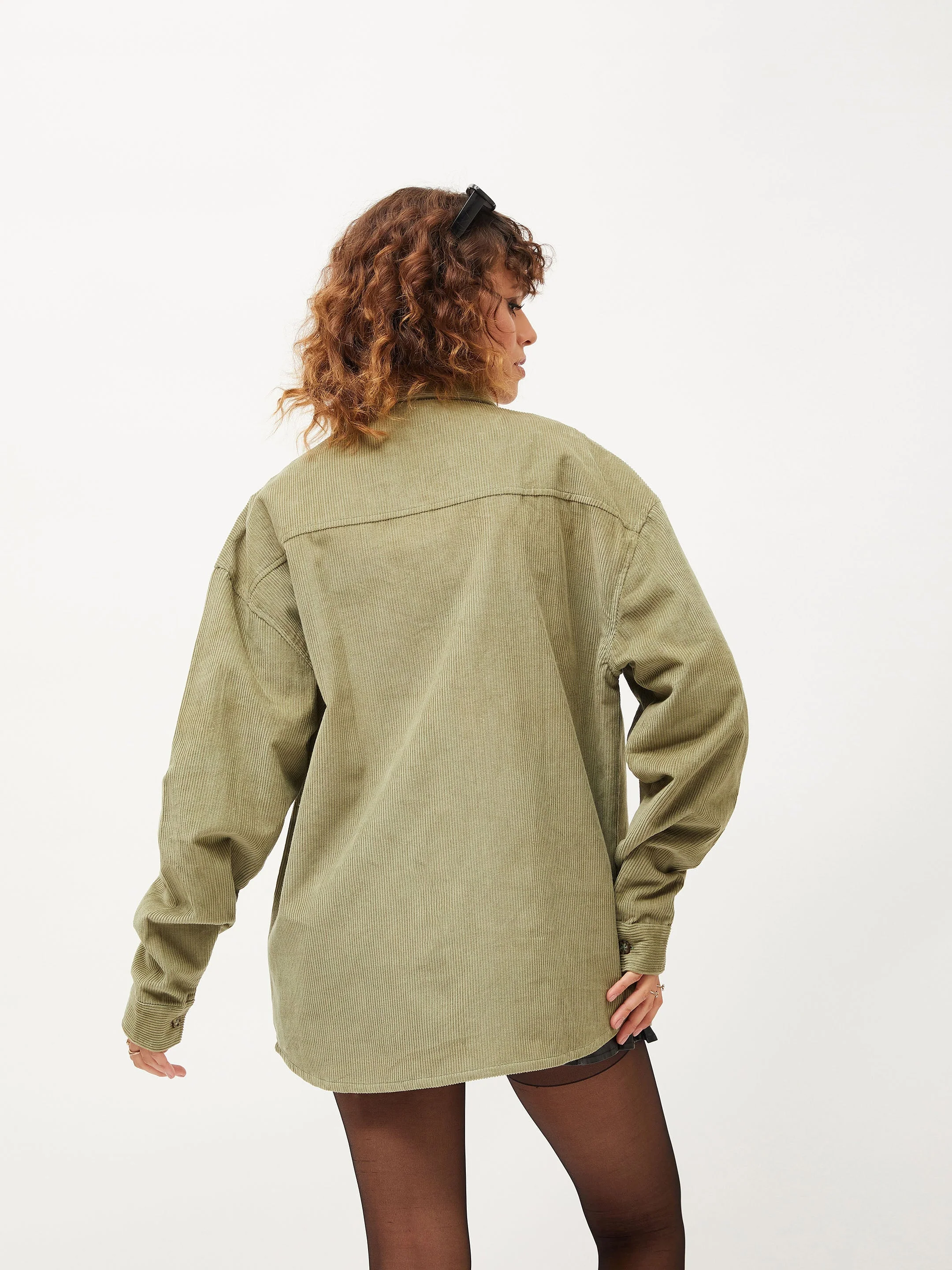 Women Olive Corduroy Oversized Shirt - Image 2