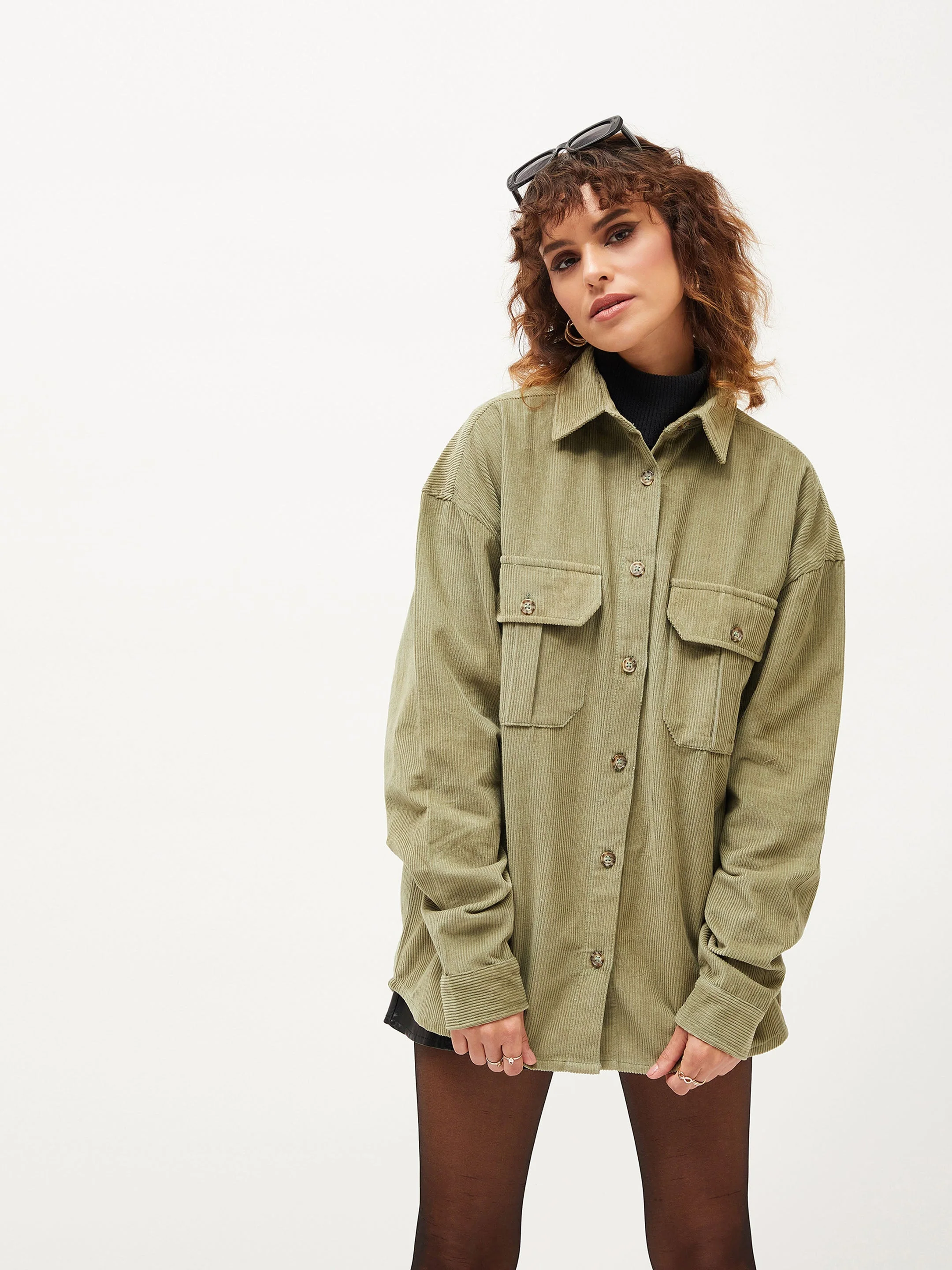 Women Olive Corduroy Oversized Shirt - Image 4