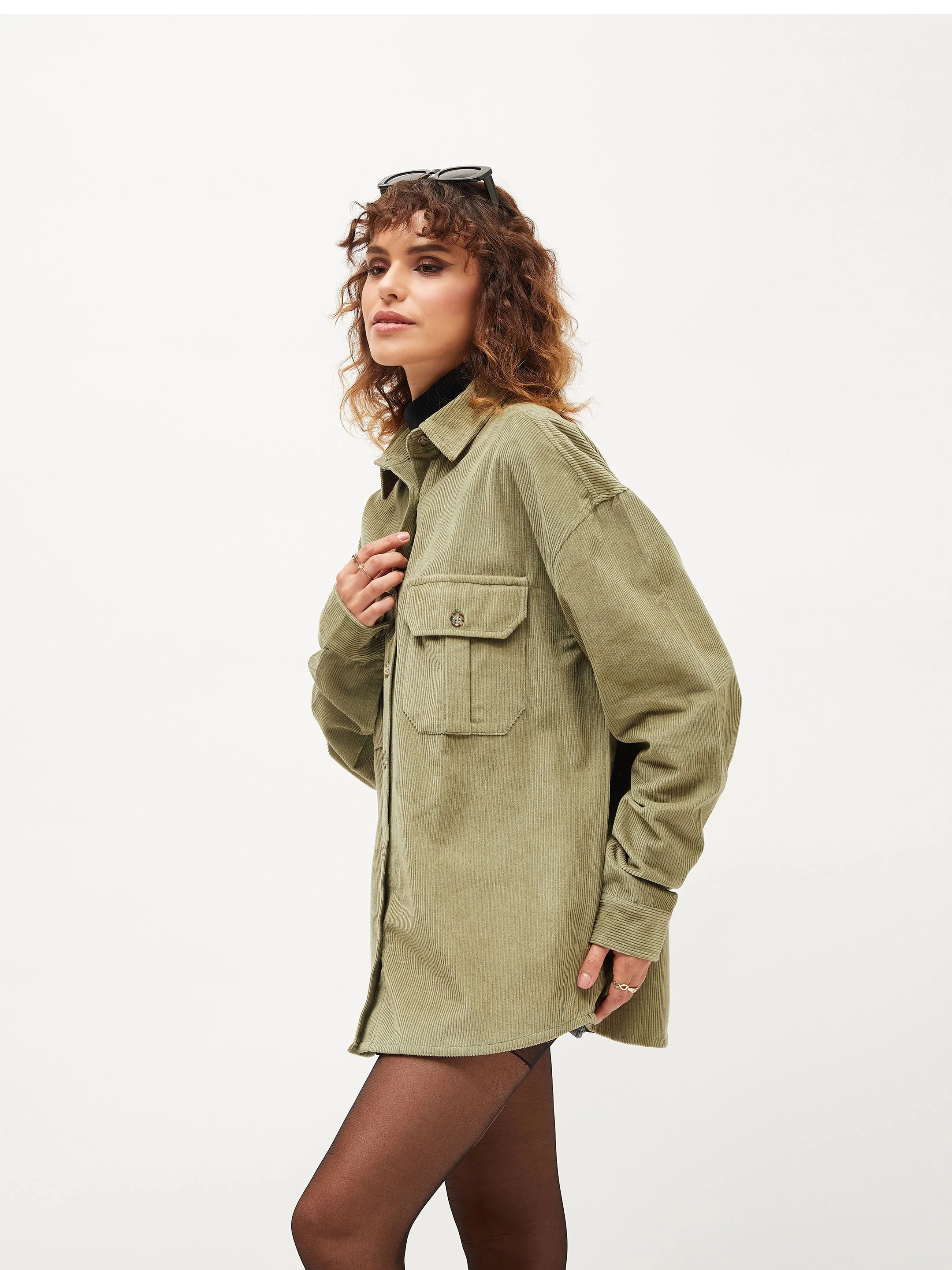 Women Olive Corduroy Oversized Shirt - Image 5