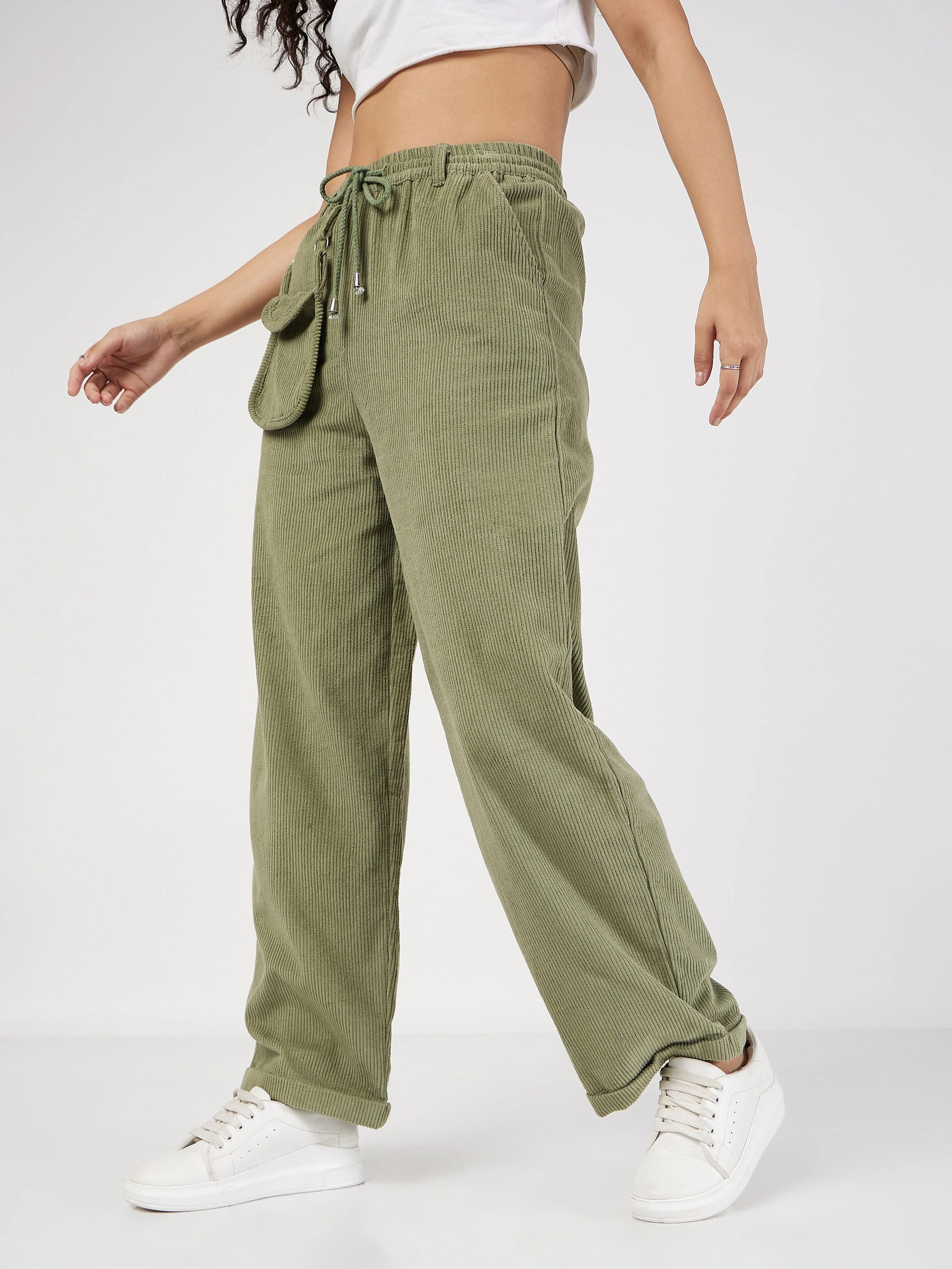 Women Olive Corduroy Pouch Pocket Drawstring Pants - Image 3
