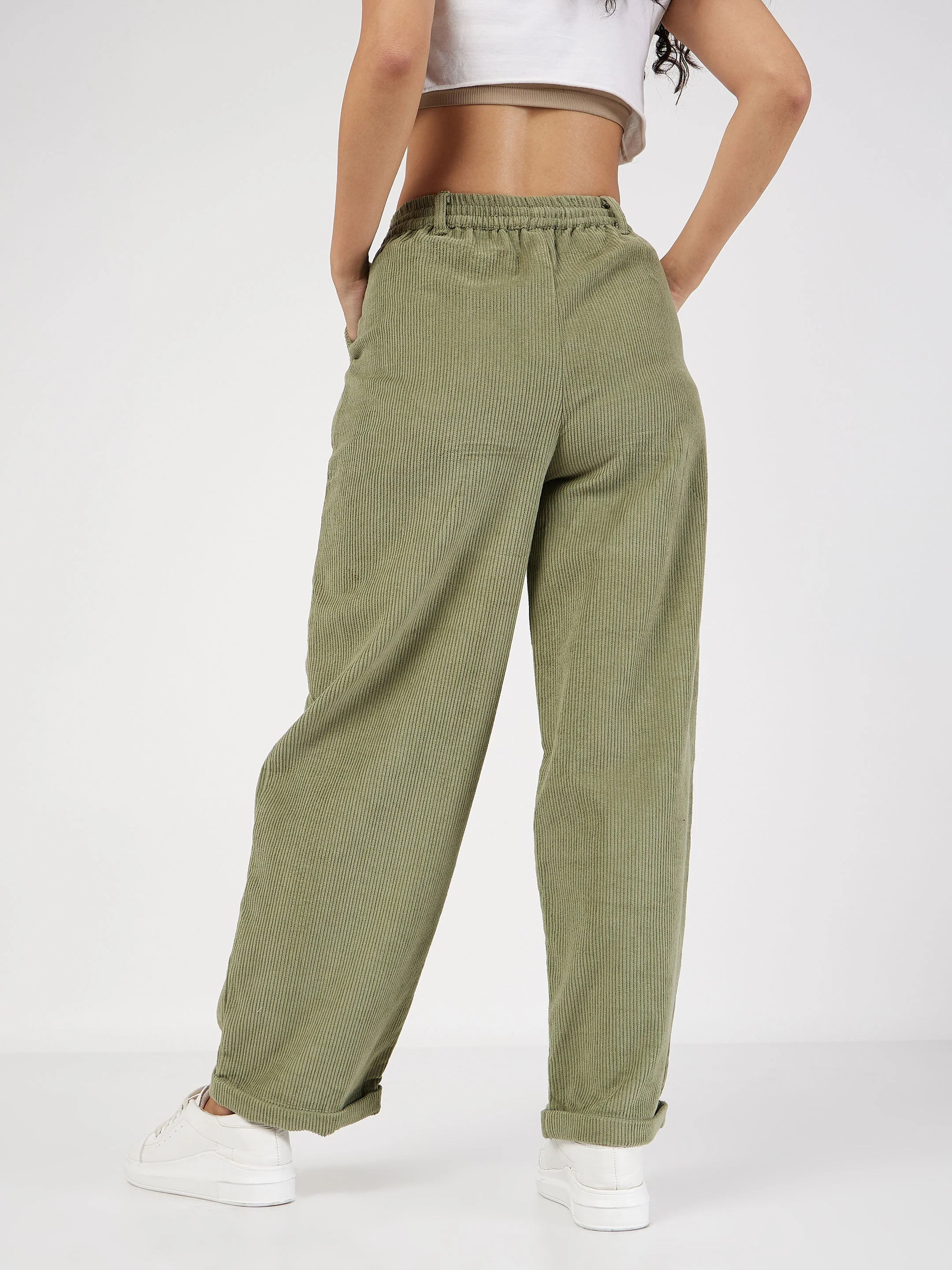 Women Olive Corduroy Pouch Pocket Drawstring Pants - Image 5