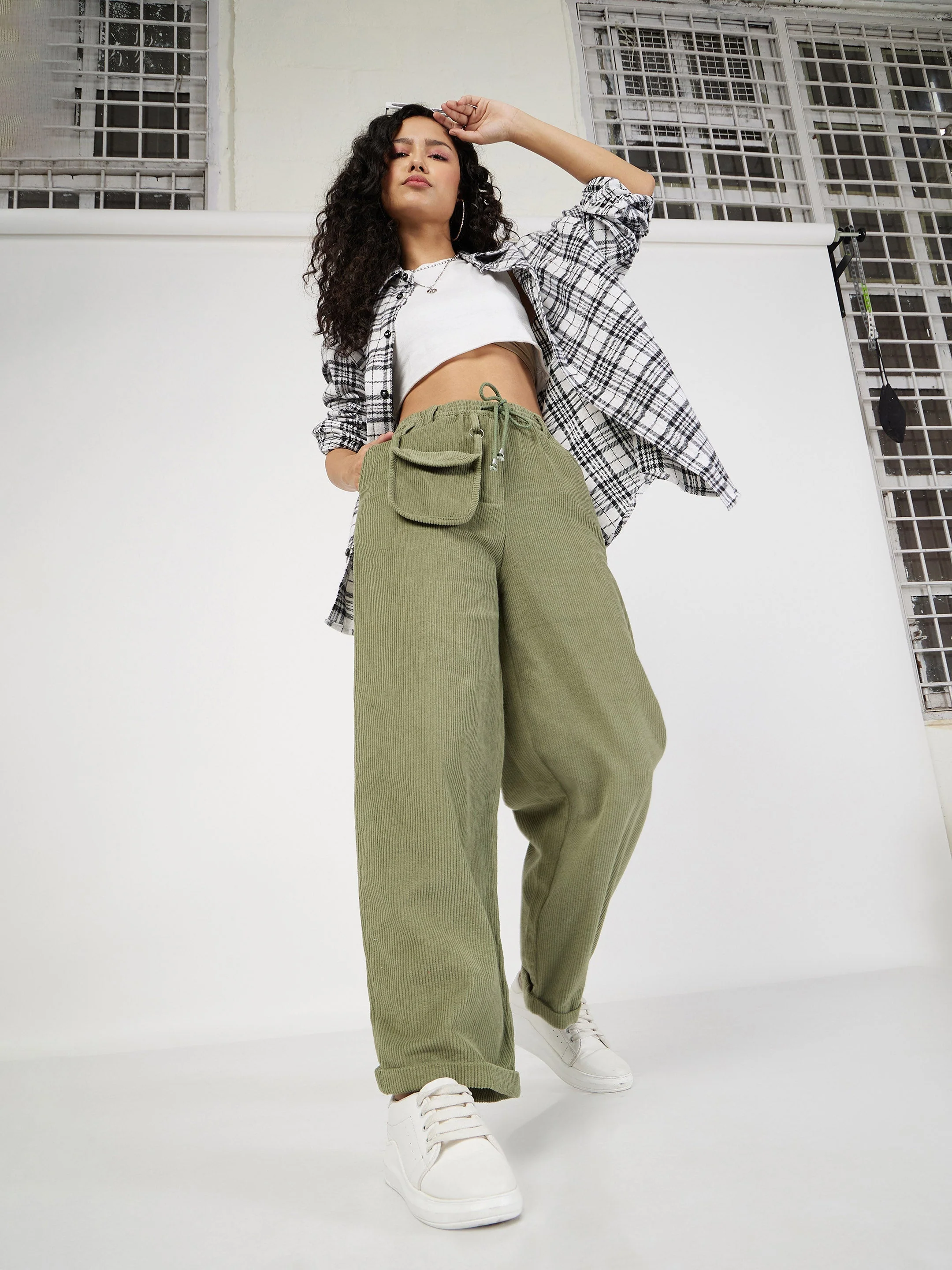 Women Olive Corduroy Pouch Pocket Drawstring Pants - Image 6
