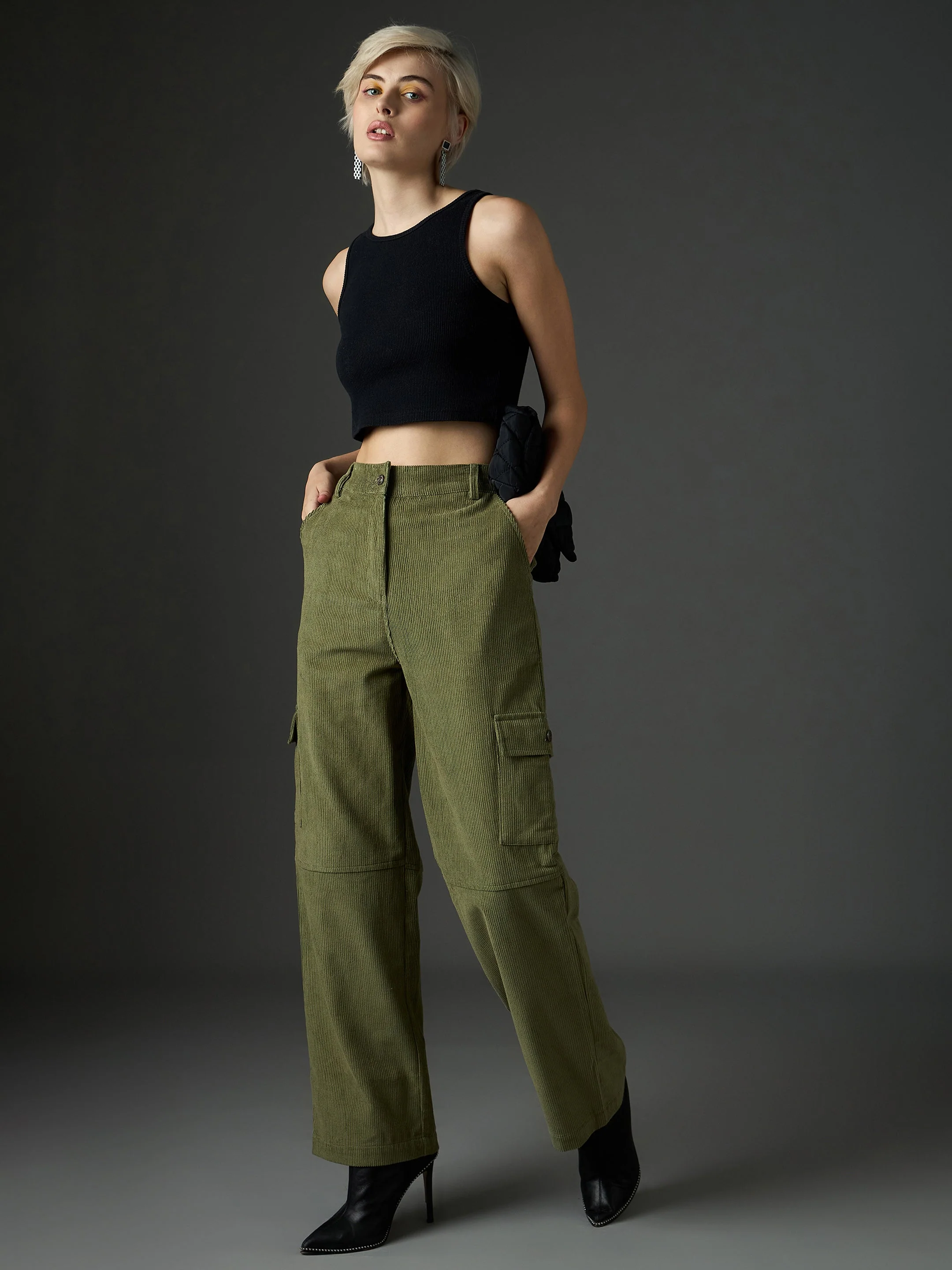 Women Olive Corduroy Straight Fit Cargo Pants - Image 2