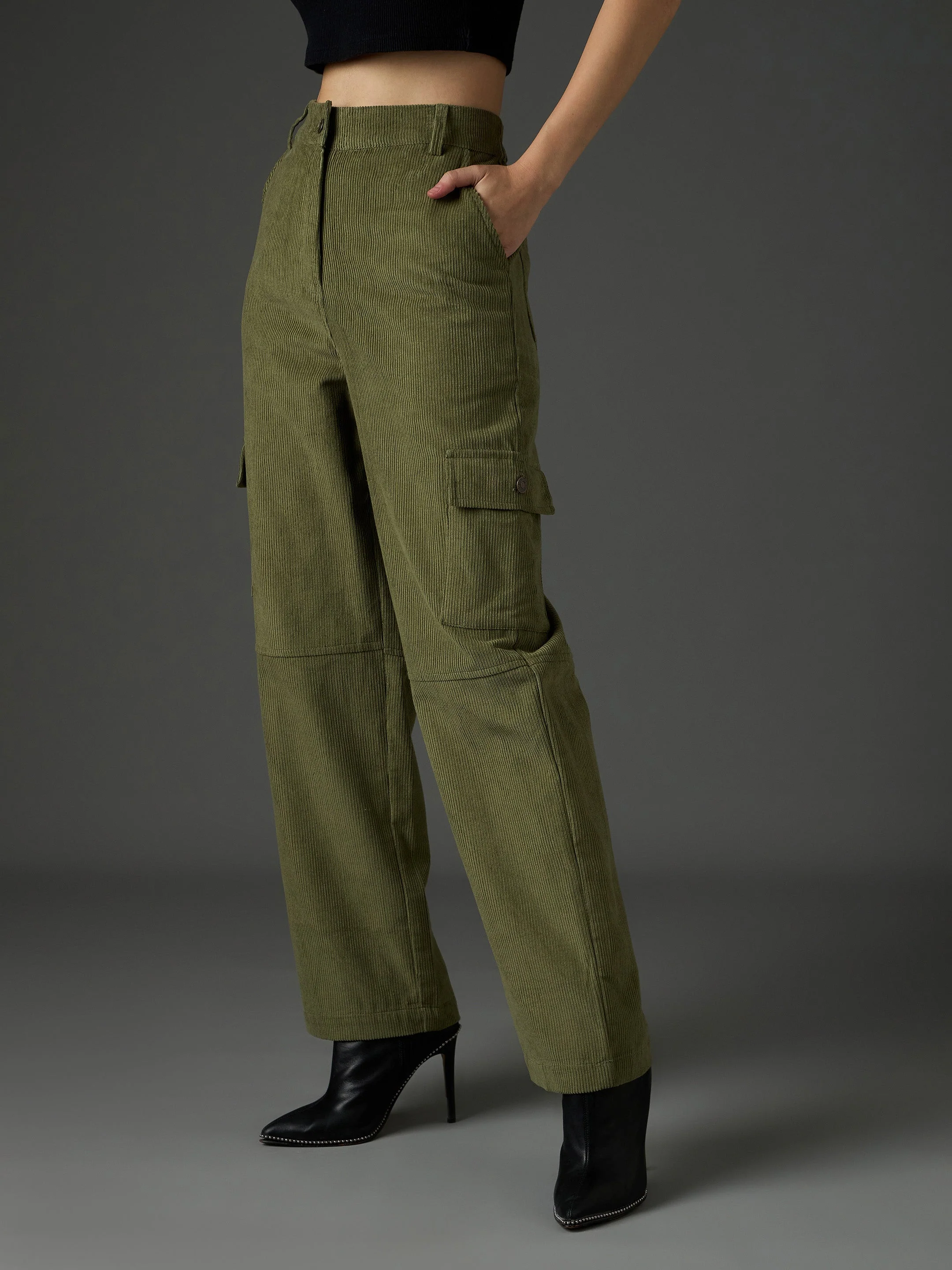 Women Olive Corduroy Straight Fit Cargo Pants - Image 3