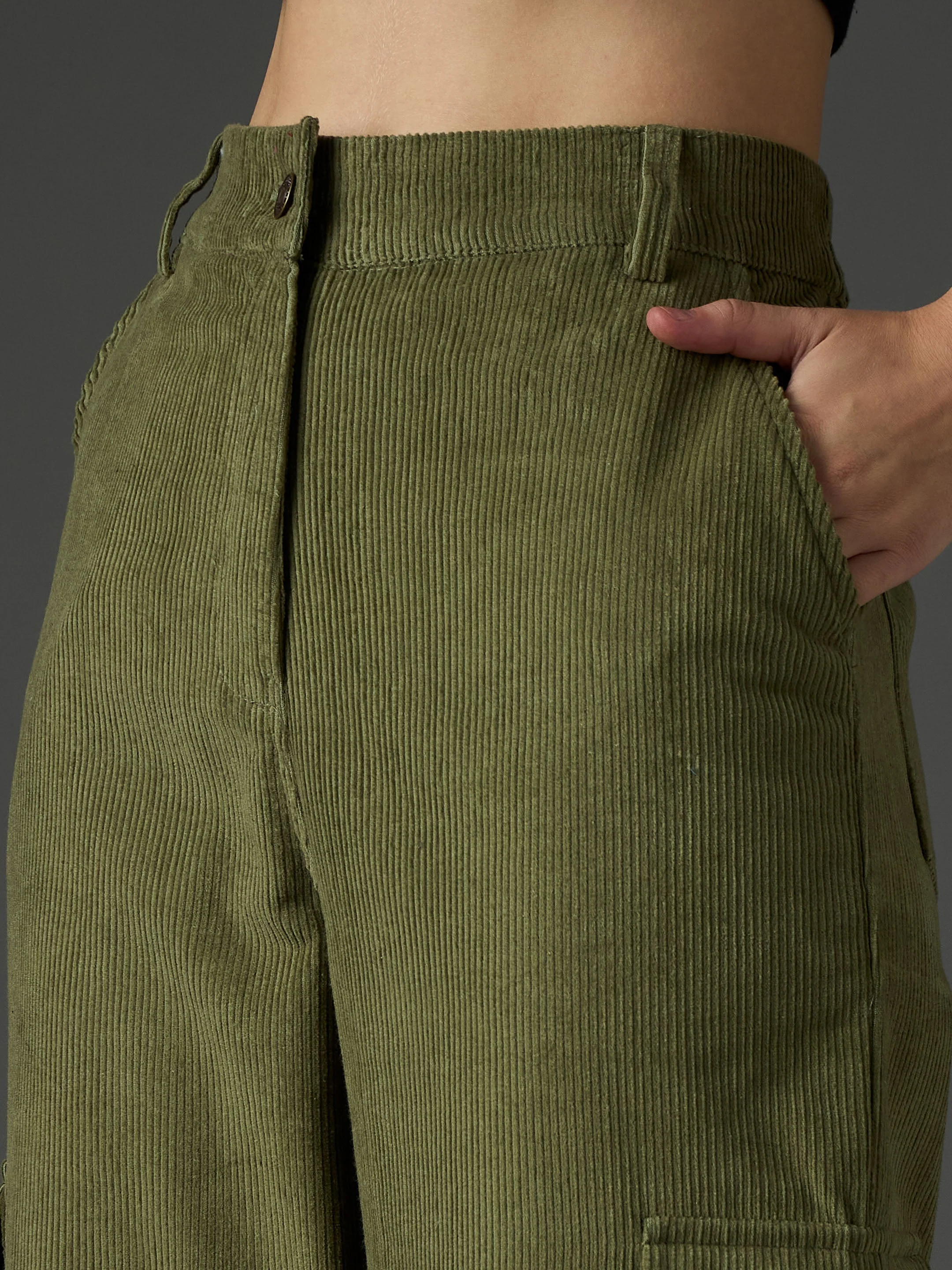 Women Olive Corduroy Straight Fit Cargo Pants - Image 4