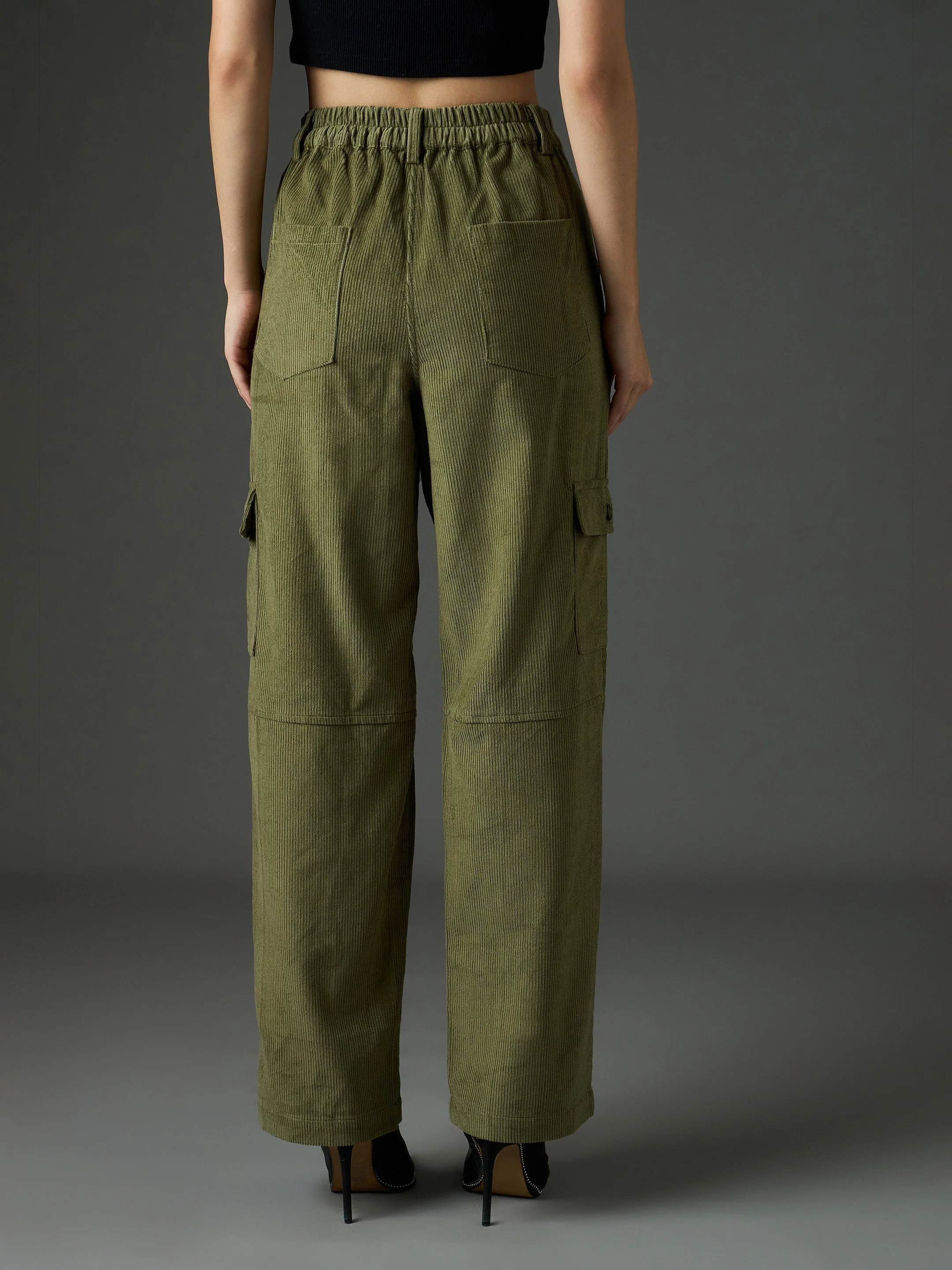 Women Olive Corduroy Straight Fit Cargo Pants - Image 5