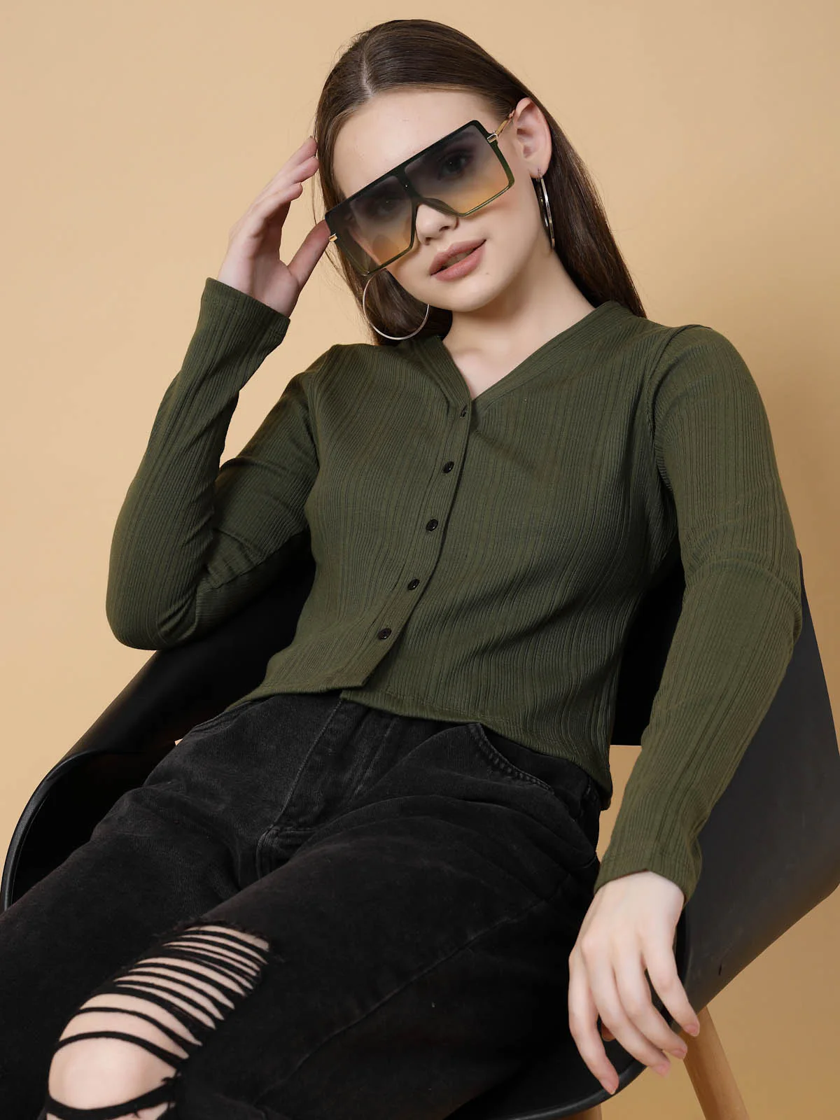 Women Olive Crop Top - Image 2