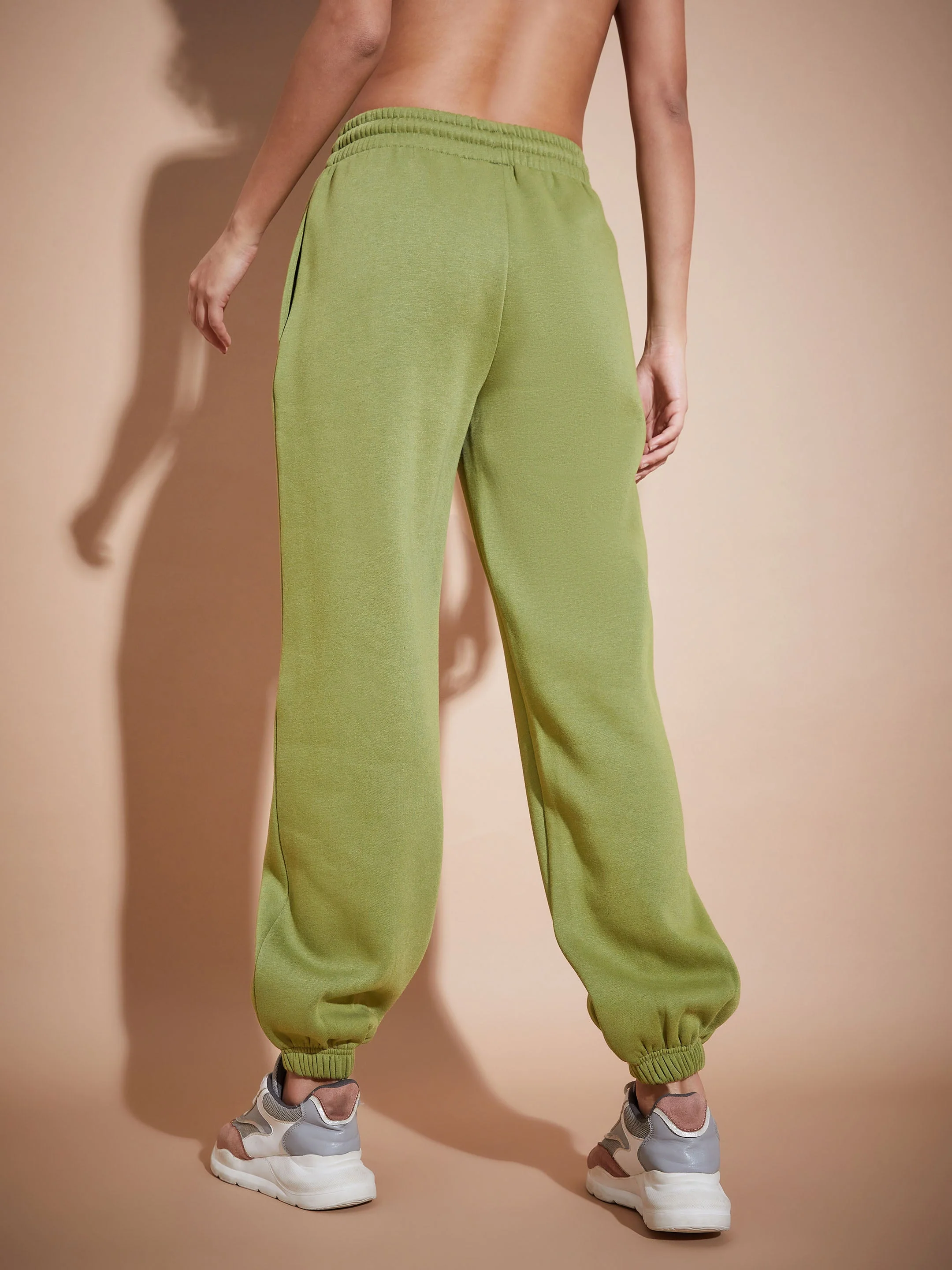Women Olive Fleece Baggy Joggers - Image 2