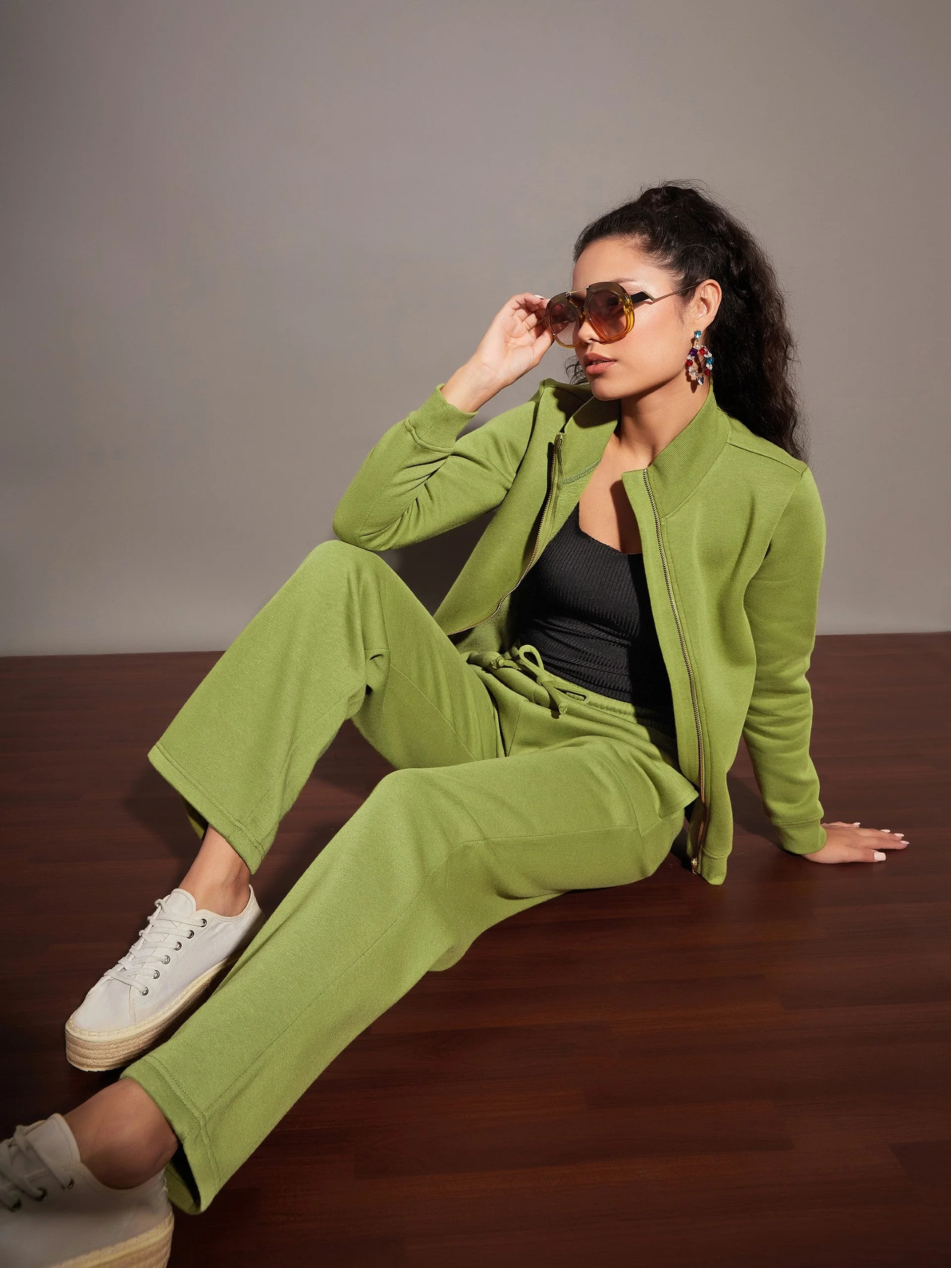 Women Olive Fleece Track Pants - Image 2