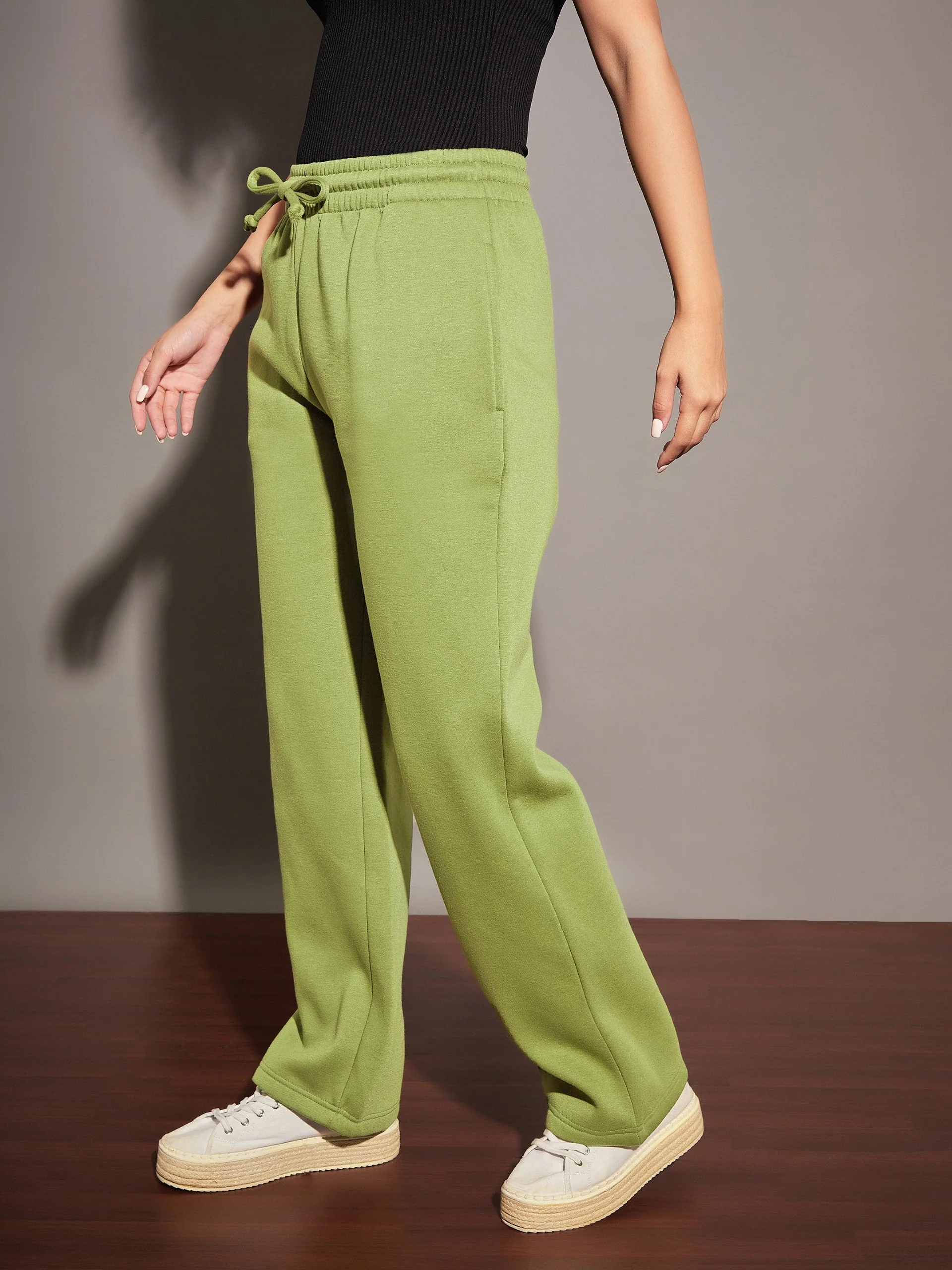 Women Olive Fleece Track Pants - Image 3