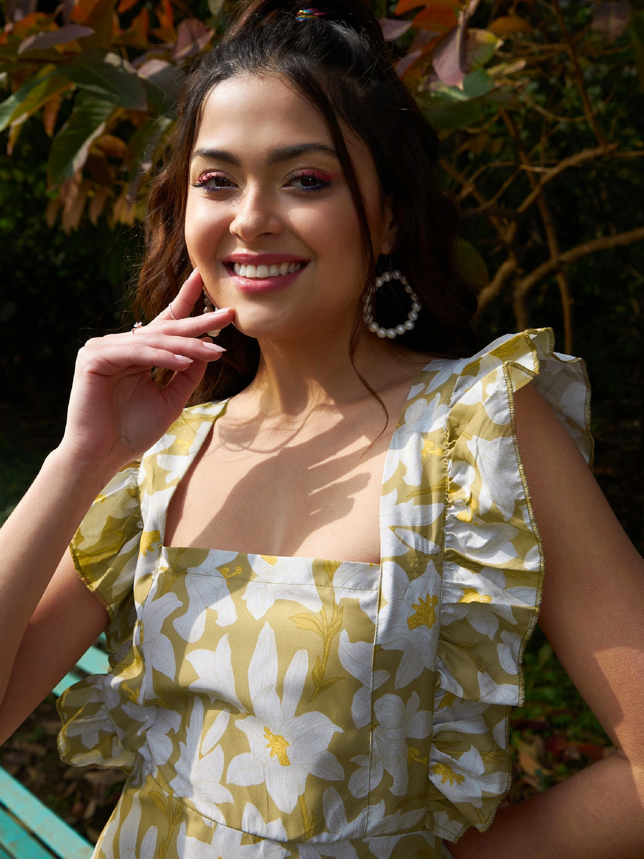 Women Olive Floral Back Tie-Knot Detail Maxi Dress - Image 2