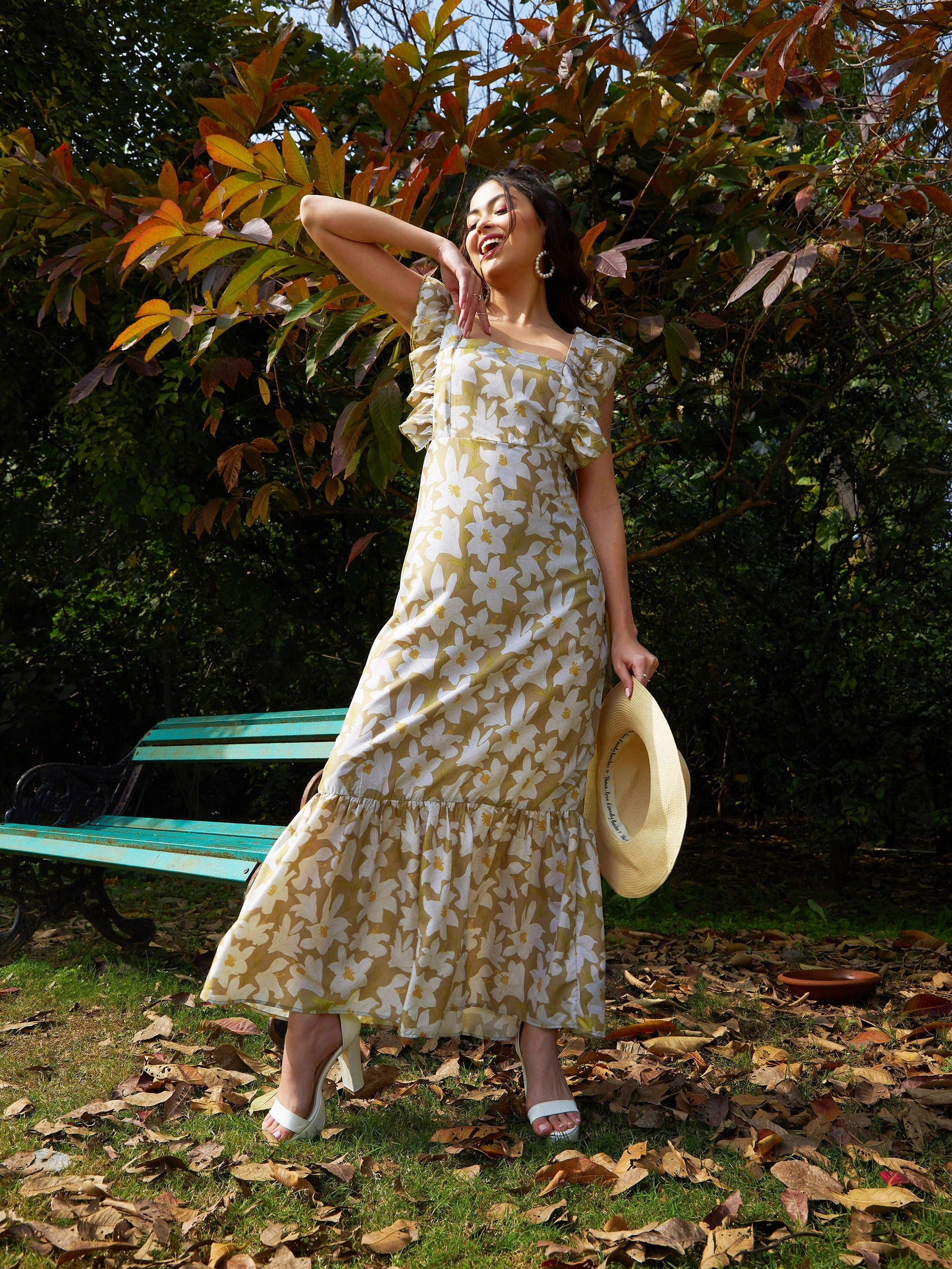 Women Olive Floral Back Tie-Knot Detail Maxi Dress - Image 3
