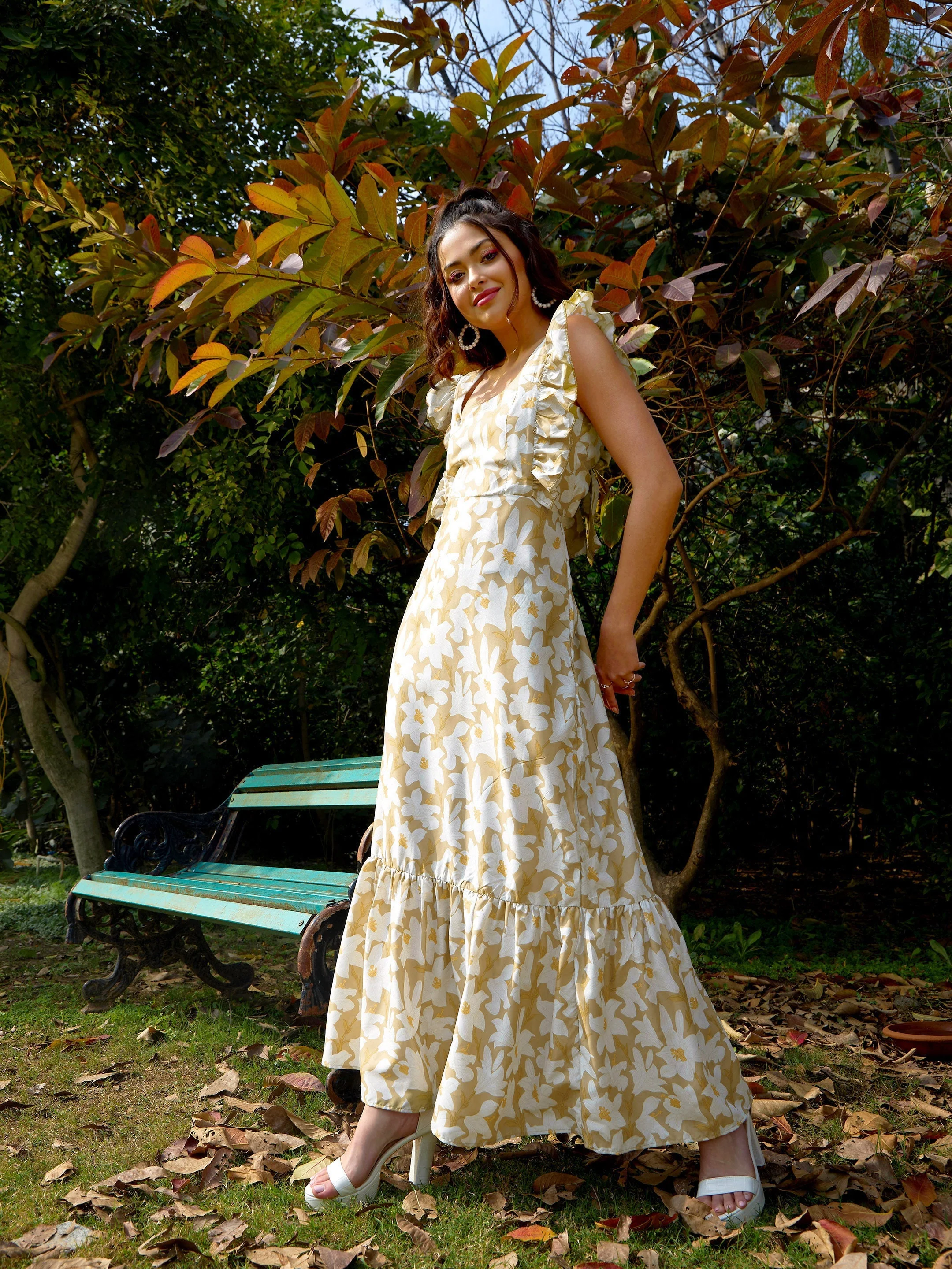Women Olive Floral Back Tie-Knot Detail Maxi Dress - Image 4