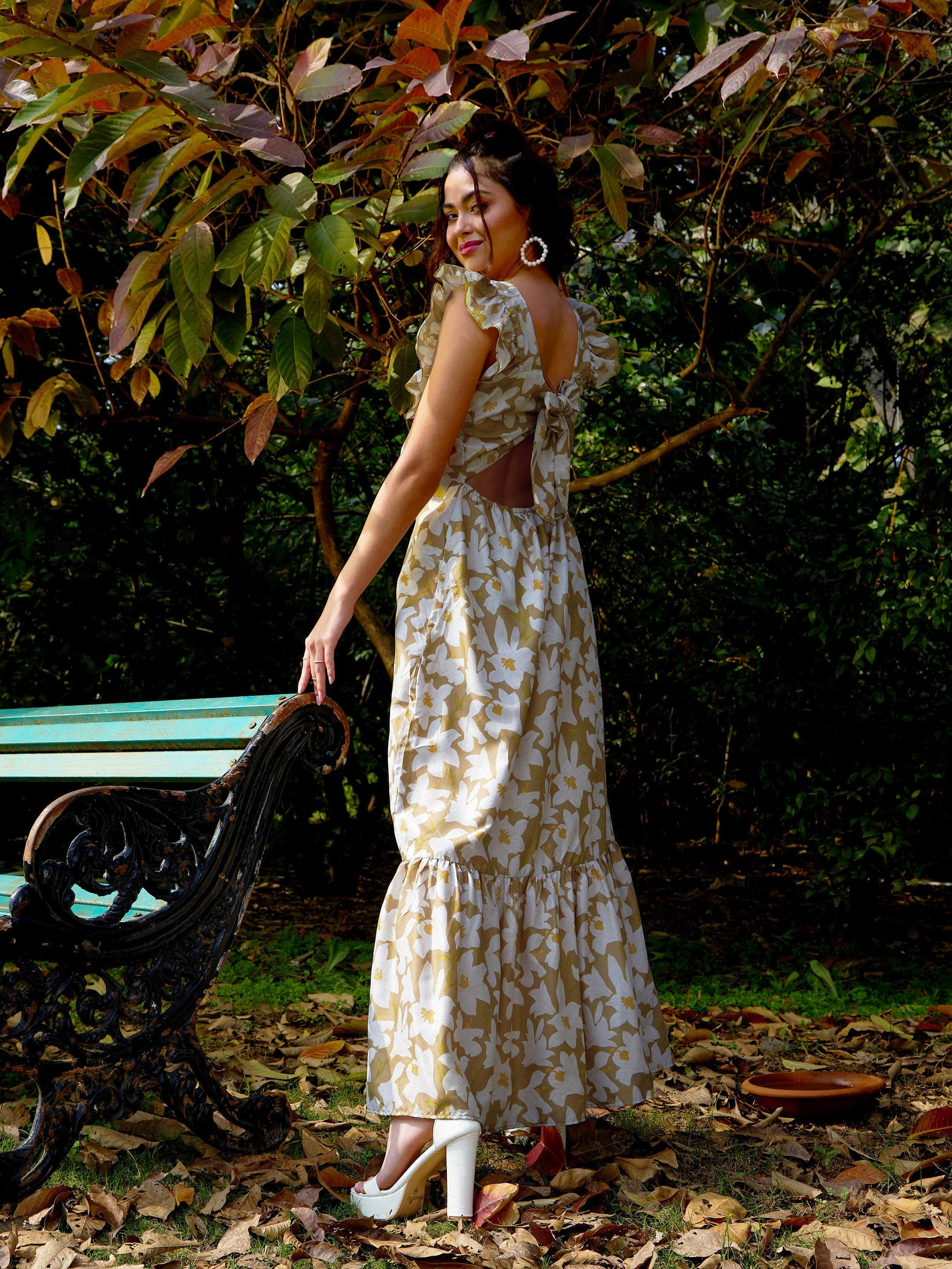 Women Olive Floral Back Tie-Knot Detail Maxi Dress - Image 5