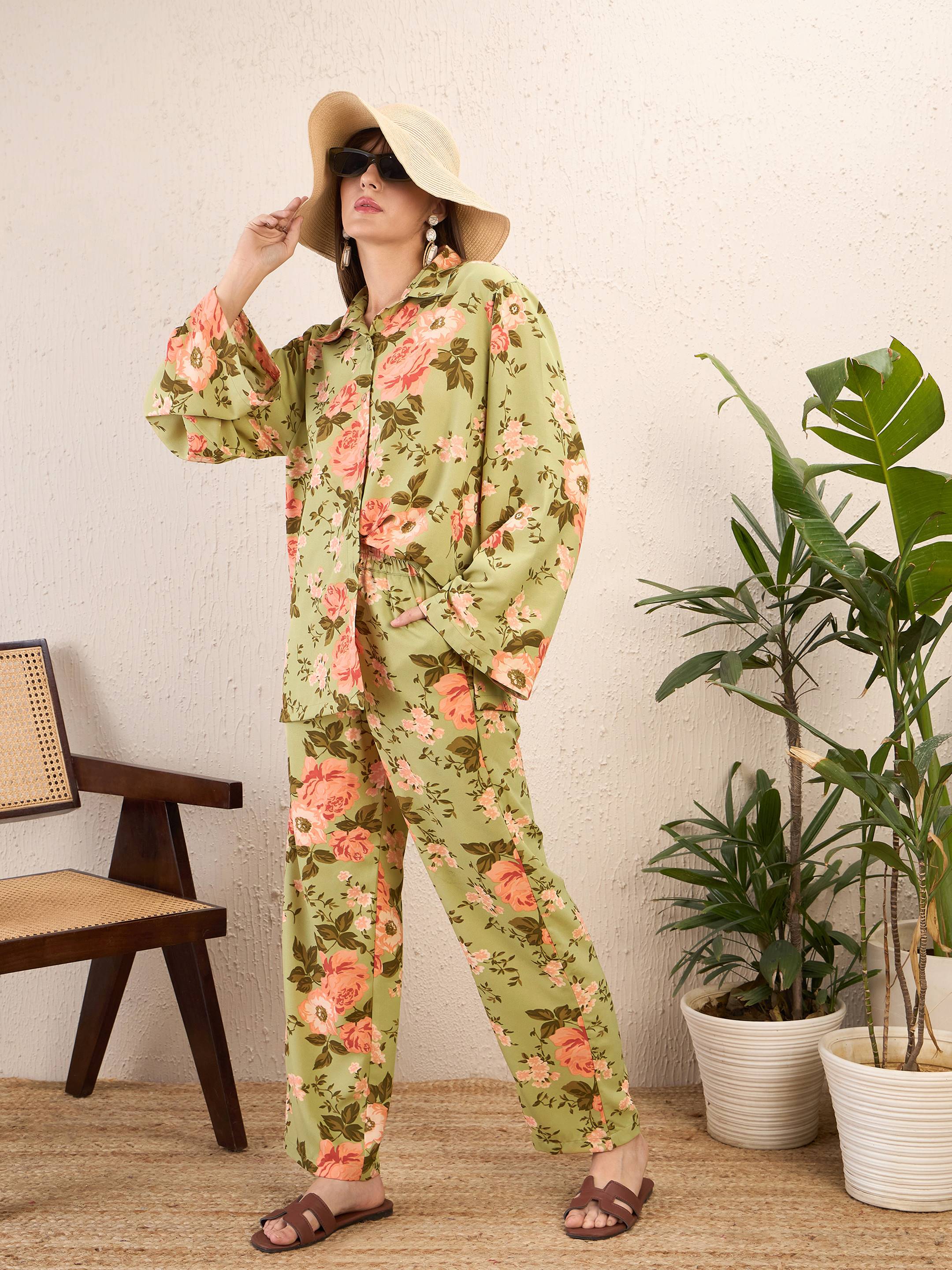 Women Olive Floral Bell Sleeves Shirt With Straight Pants - Image 2