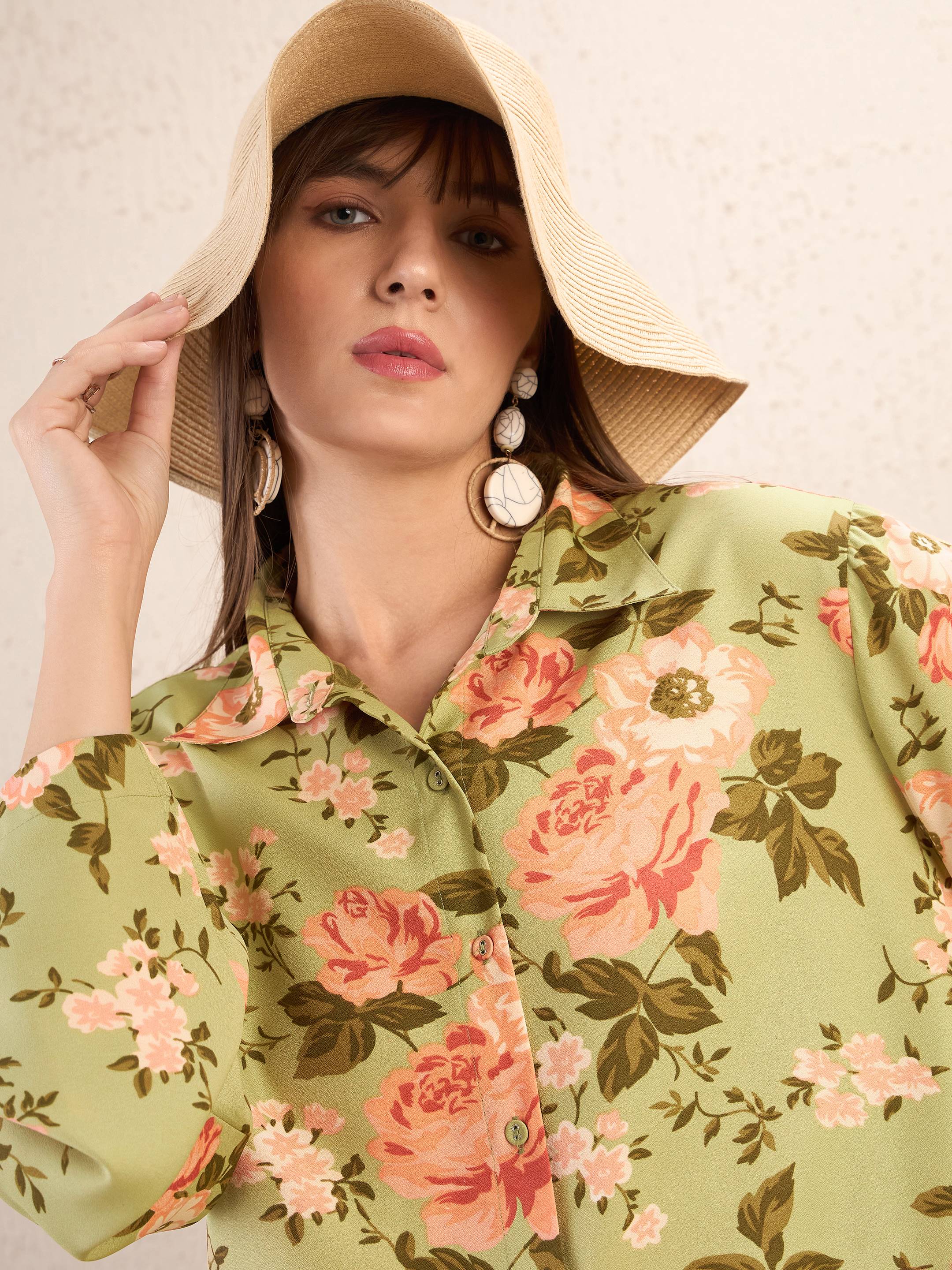Women Olive Floral Bell Sleeves Shirt With Straight Pants - Image 3