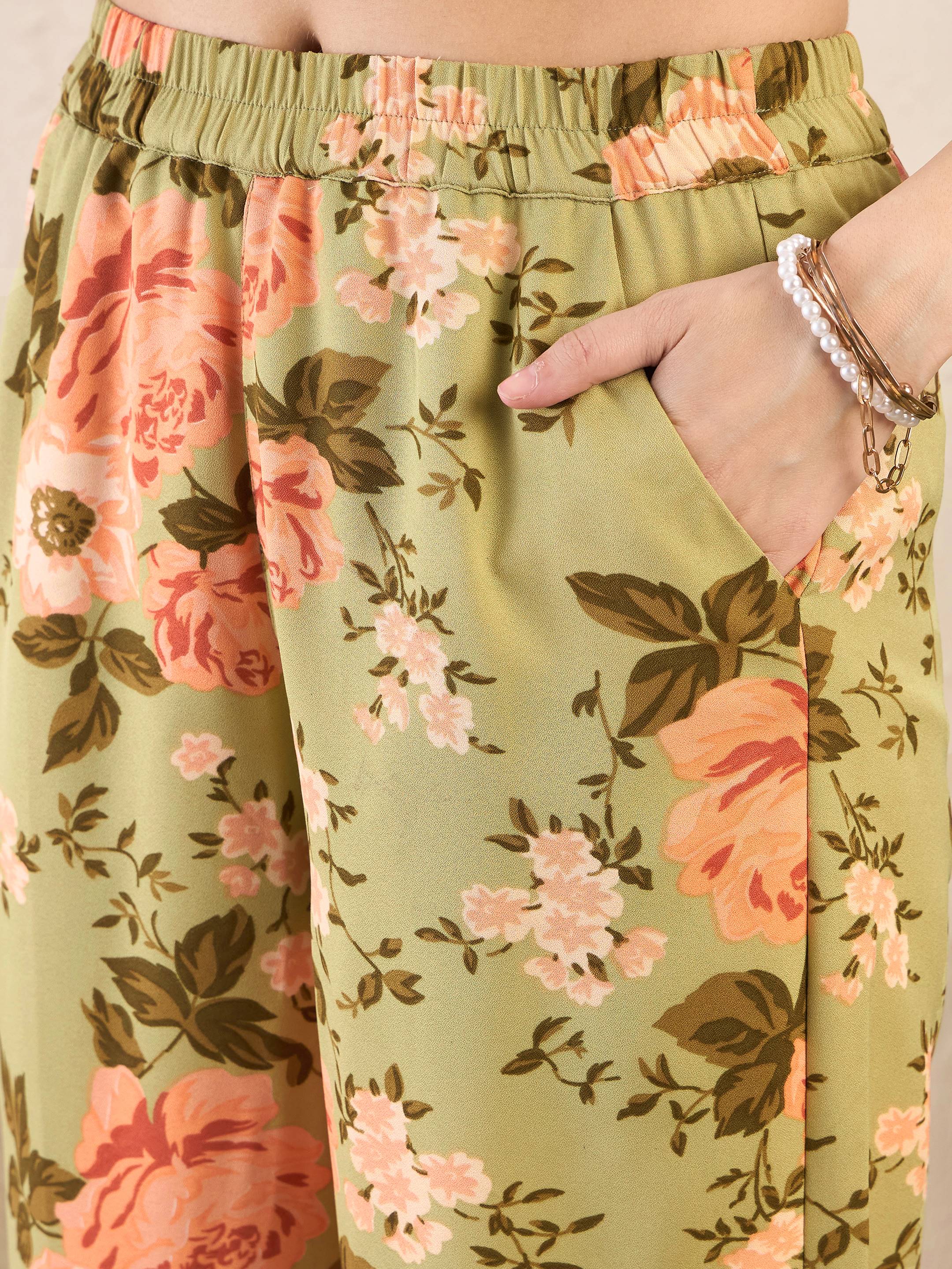 Women Olive Floral Bell Sleeves Shirt With Straight Pants - Image 4