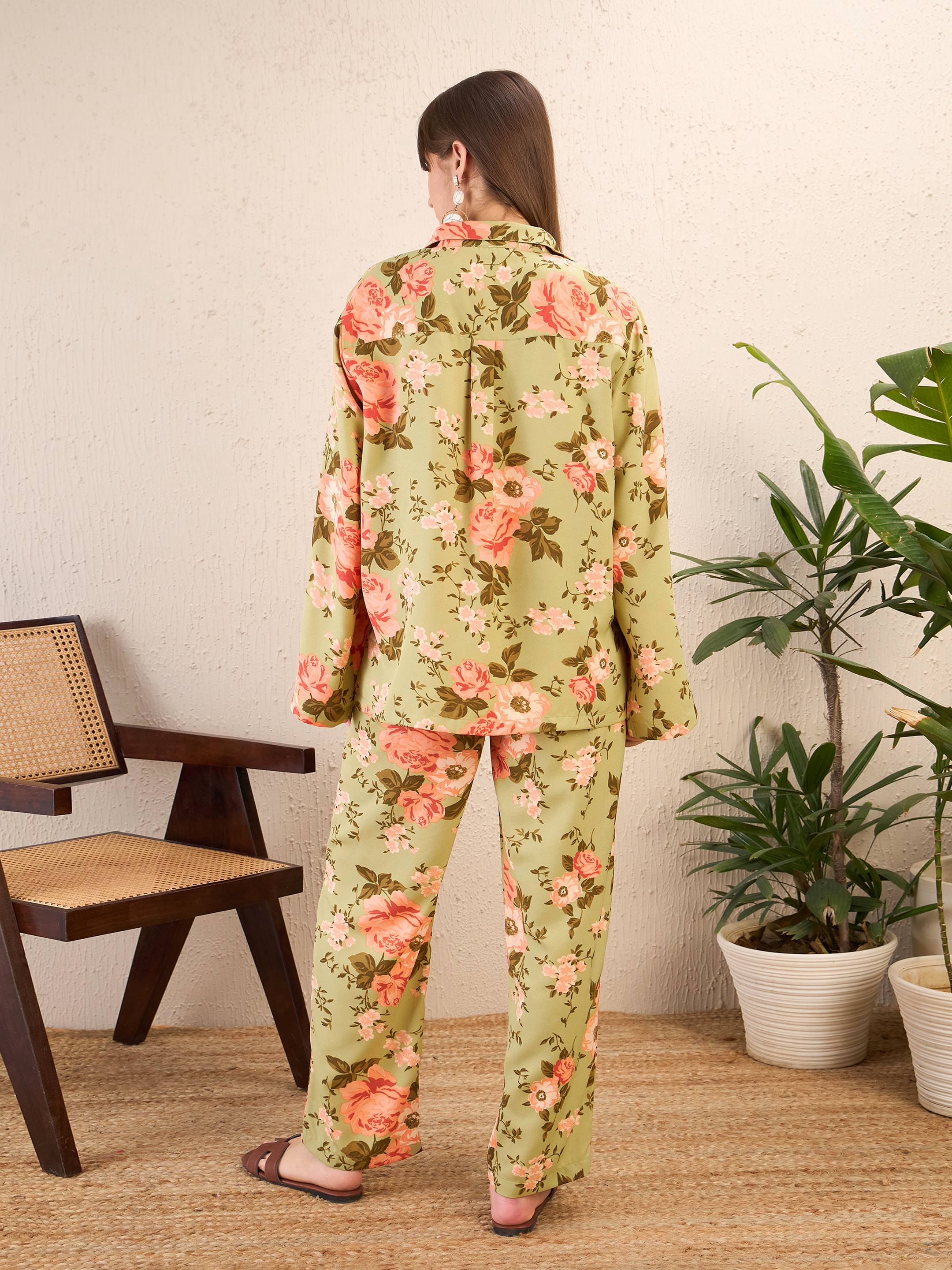 Women Olive Floral Bell Sleeves Shirt With Straight Pants - Image 5