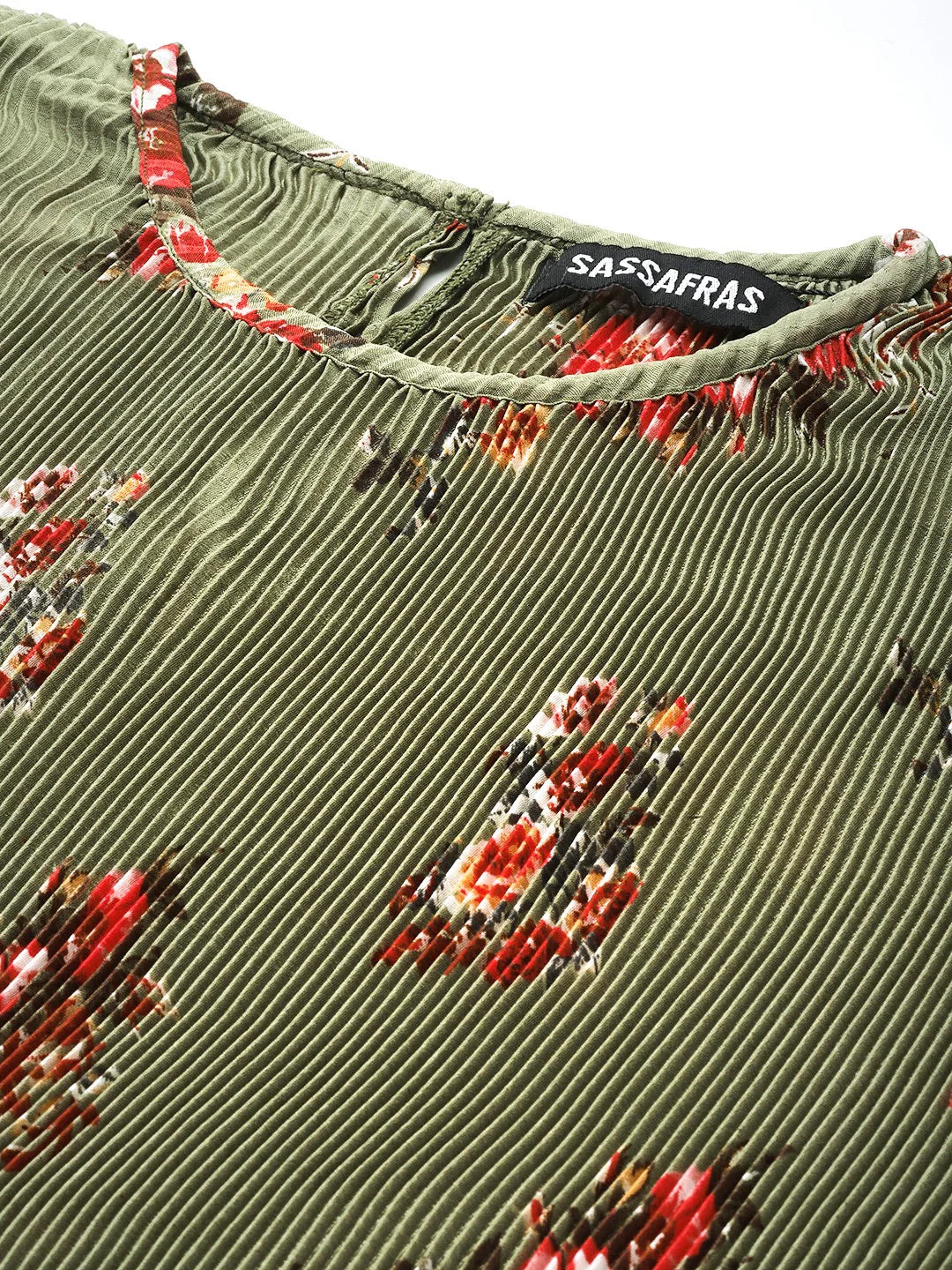 Women Olive Floral Pleated Chinon Bodycon Dress - Image 3
