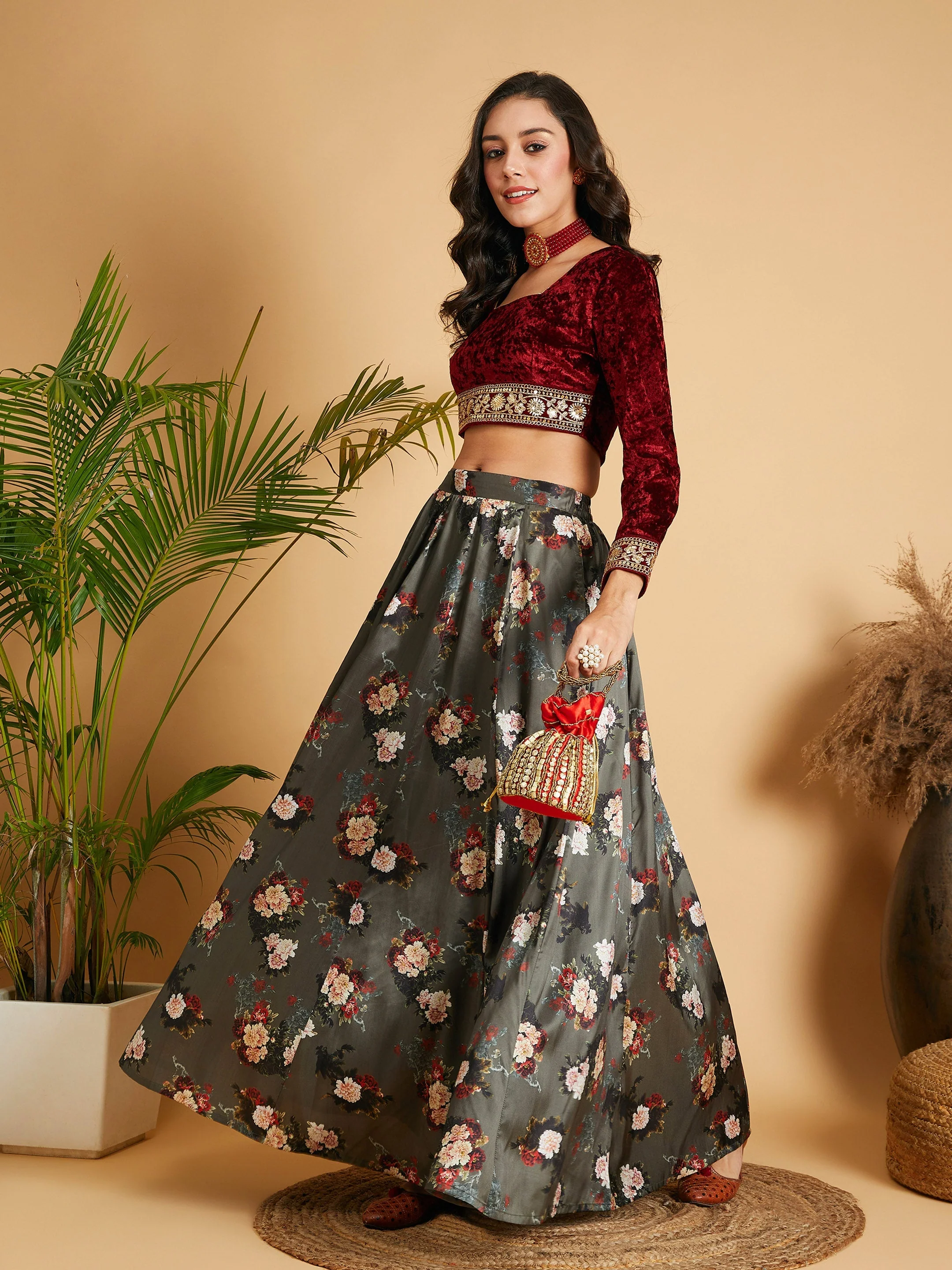 Women Olive Floral Skirt With Maroon Velvet Full Sleeves Crop Top - Image 2