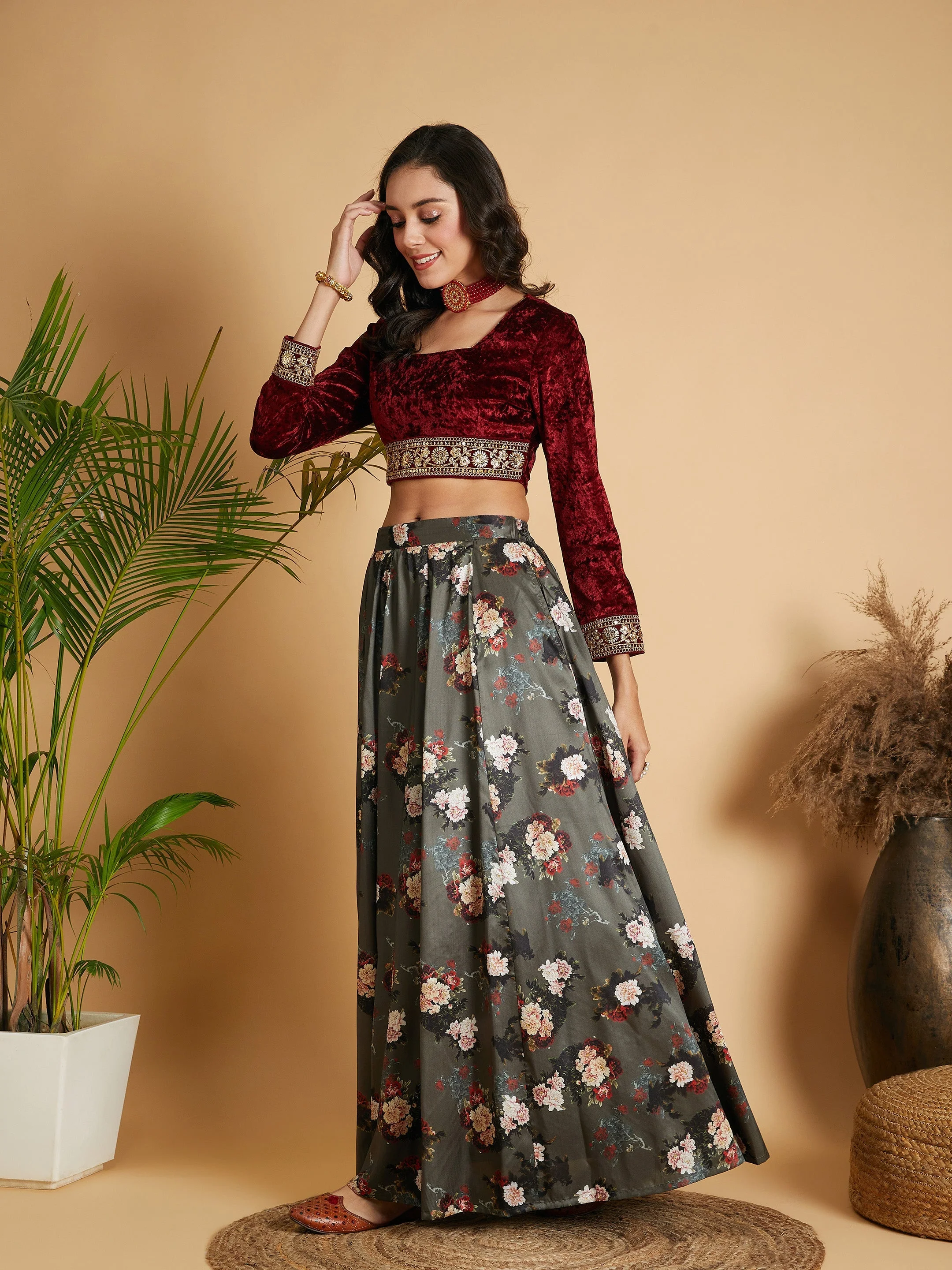 Women Olive Floral Skirt With Maroon Velvet Full Sleeves Crop Top - Image 3