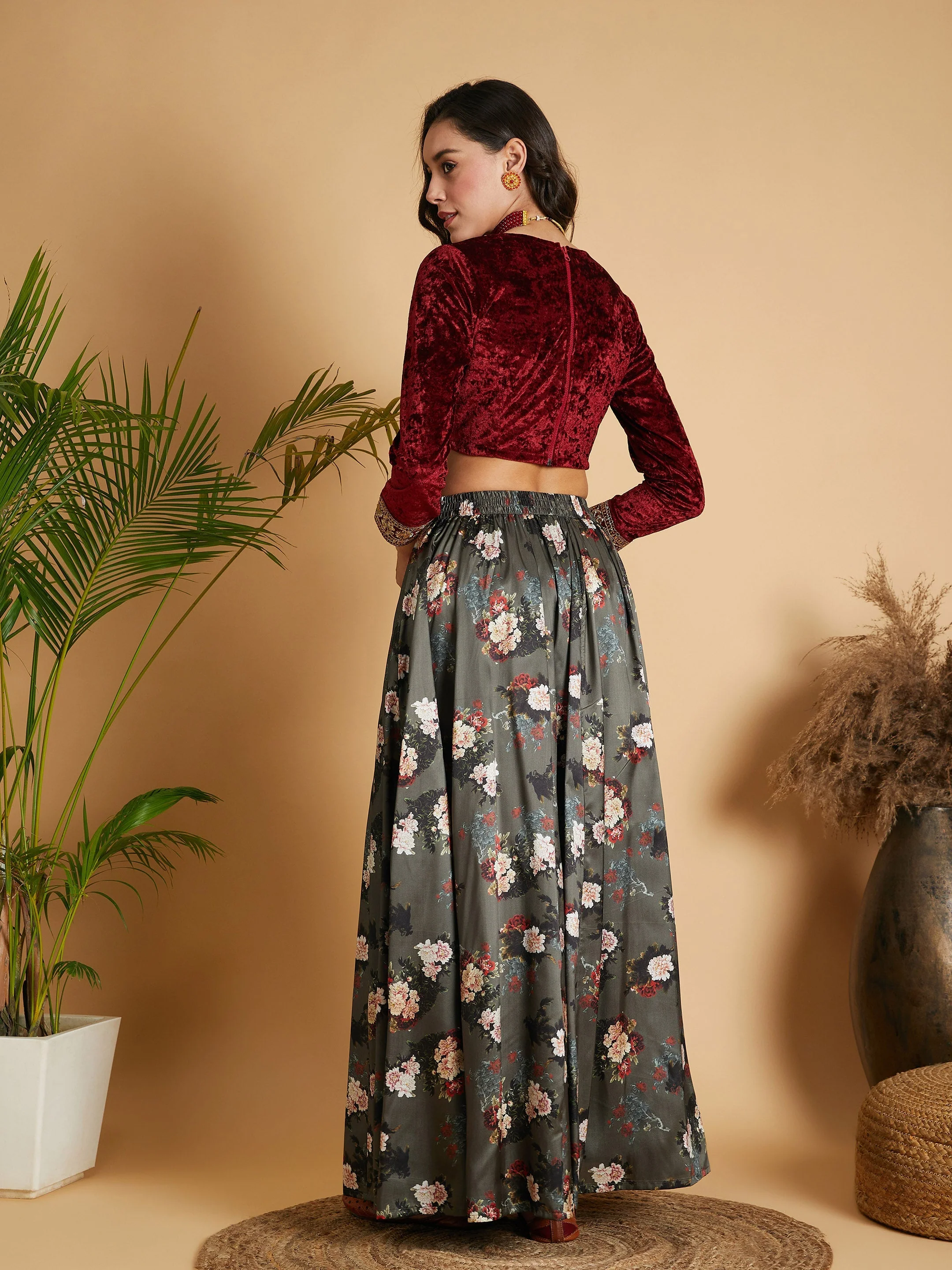 Women Olive Floral Skirt With Maroon Velvet Full Sleeves Crop Top - Image 6