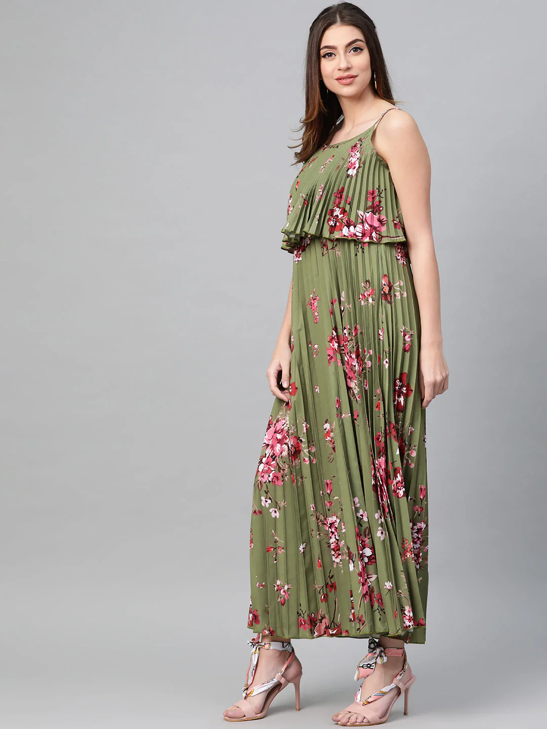 Women Olive Floral Strappy Pleated Maxi Dress - Image 2