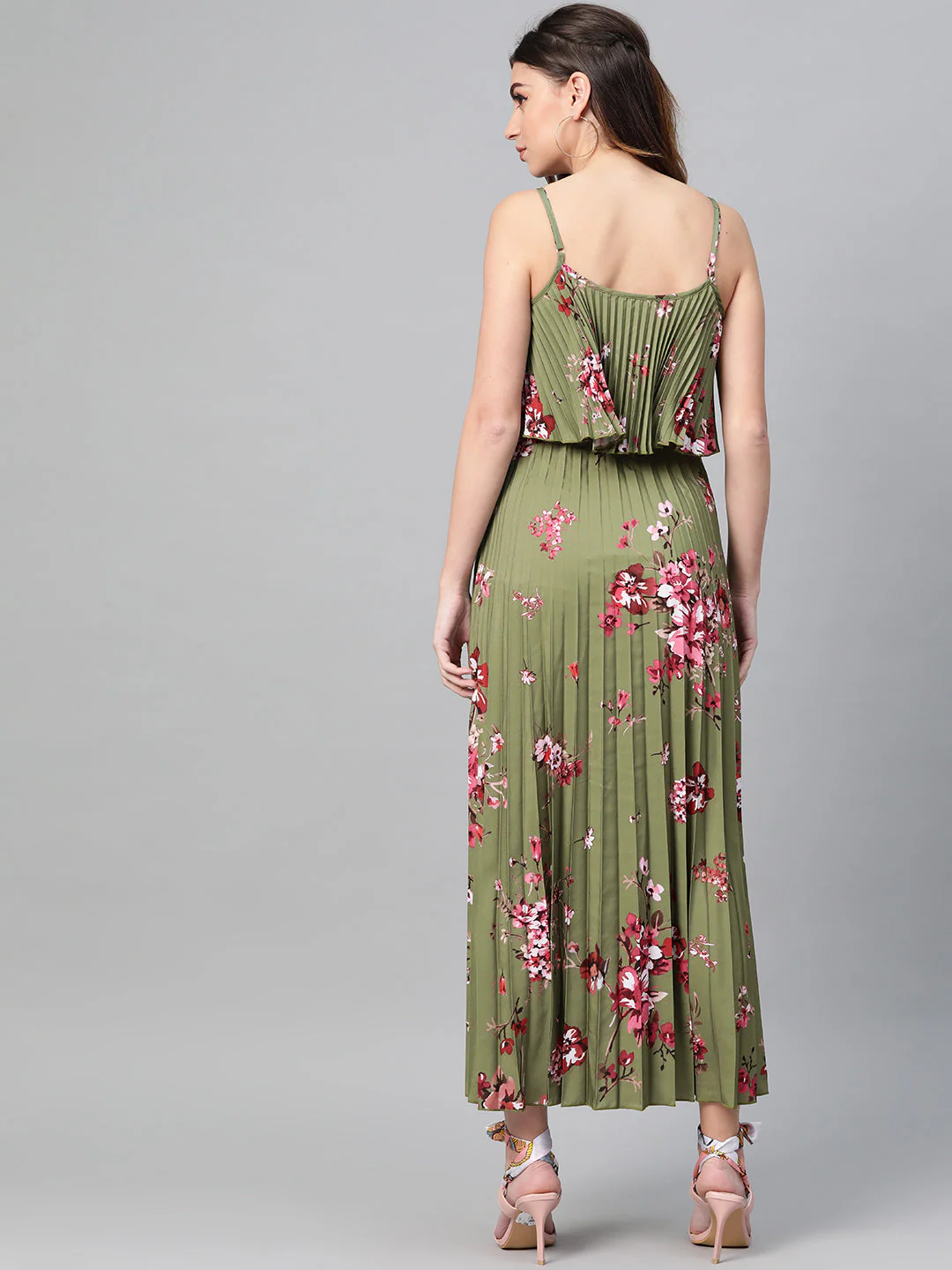 Women Olive Floral Strappy Pleated Maxi Dress - Image 3
