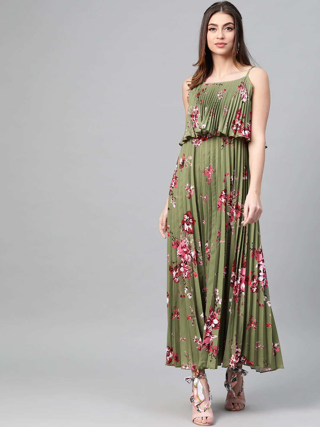 Women Olive Floral Strappy Pleated Maxi Dress - Image 4