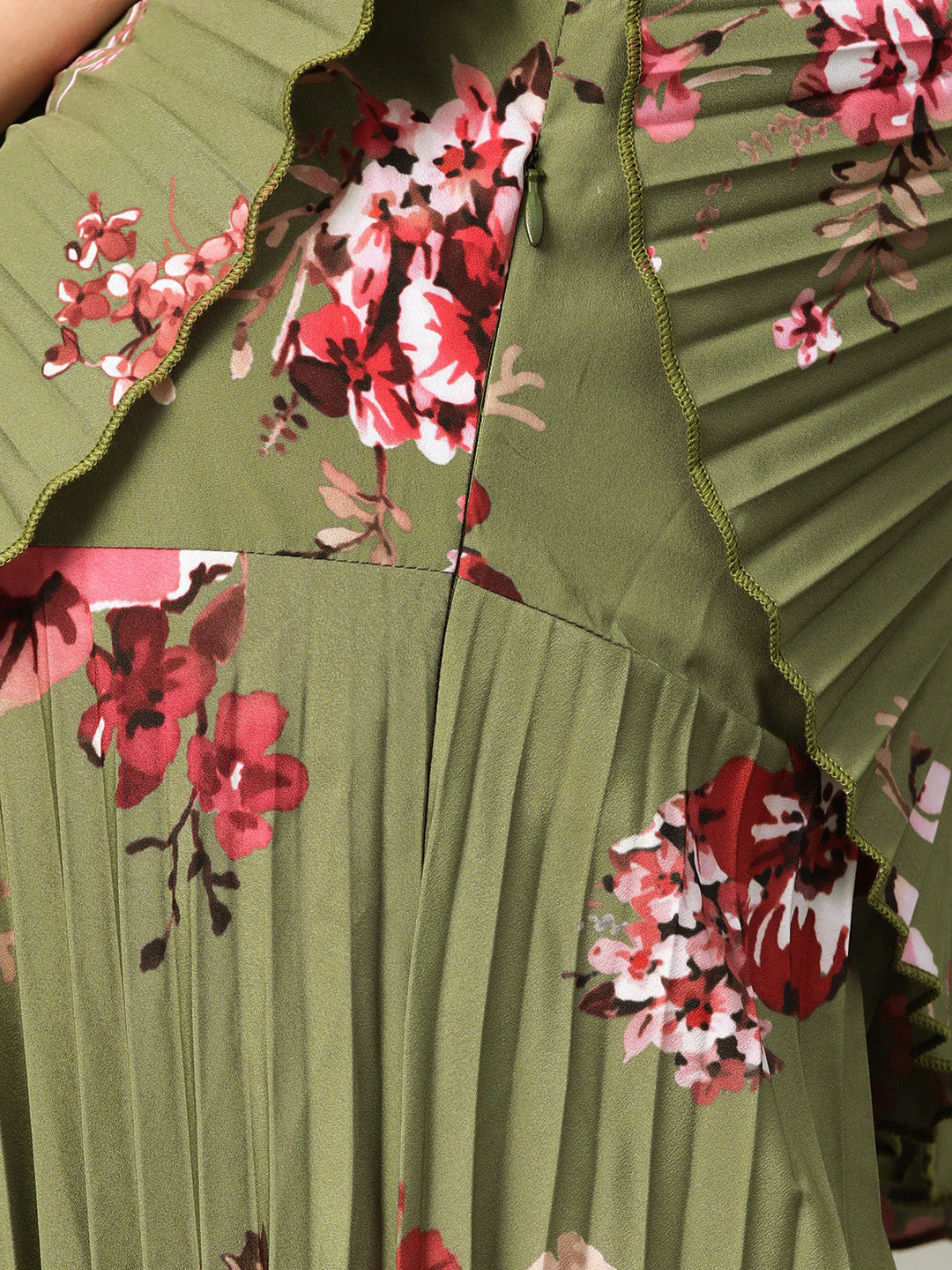 Women Olive Floral Strappy Pleated Maxi Dress - Image 5