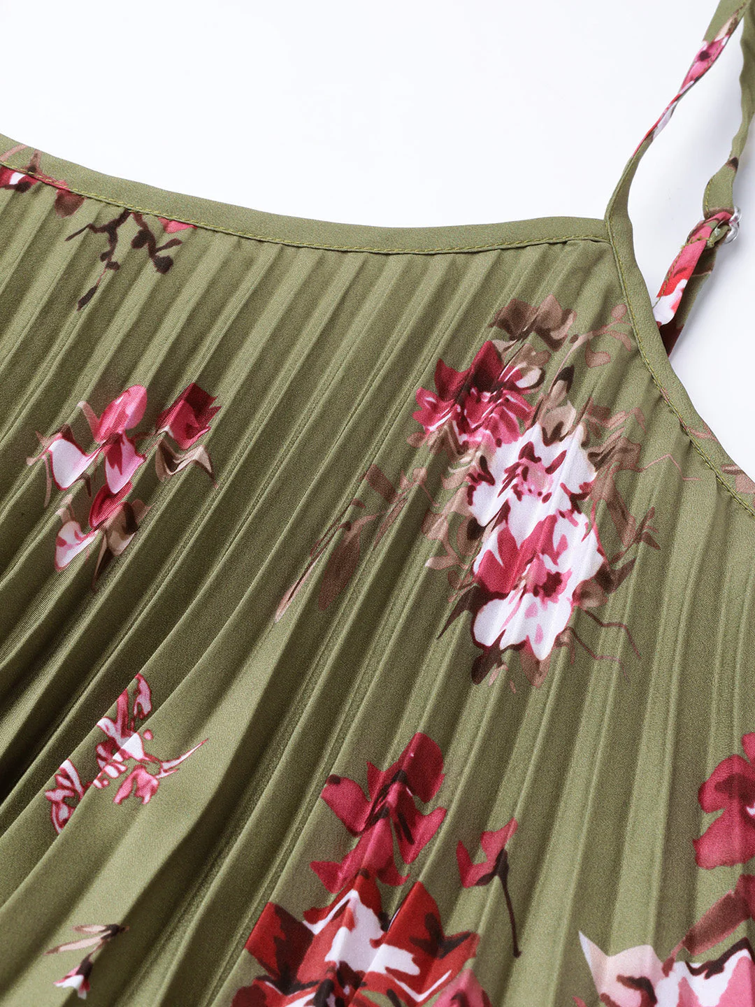 Women Olive Floral Strappy Pleated Maxi Dress - Image 6