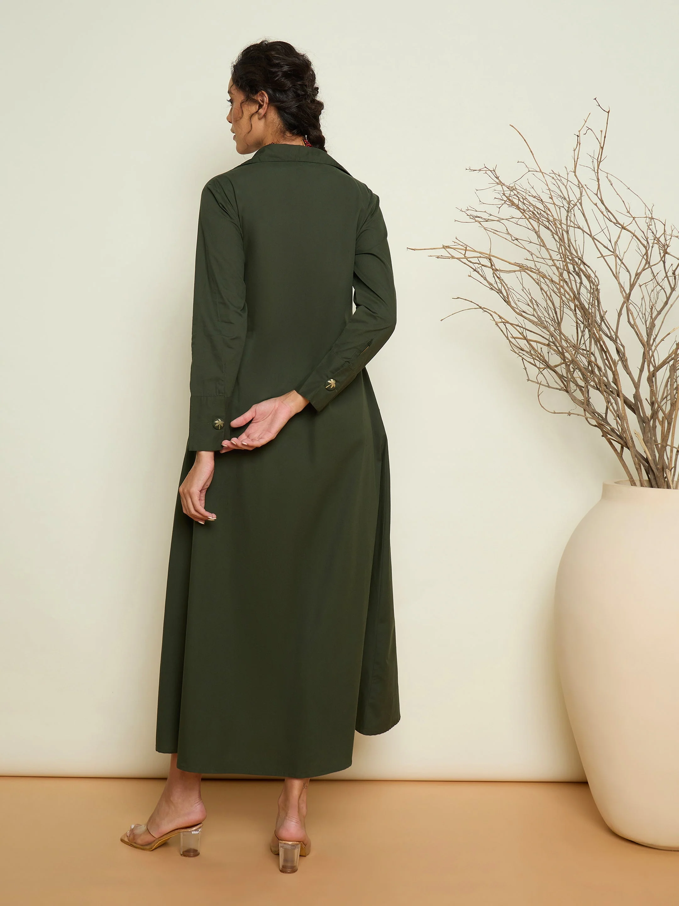 Women Olive Foil Printed Longline Shirt Dress - Image 2