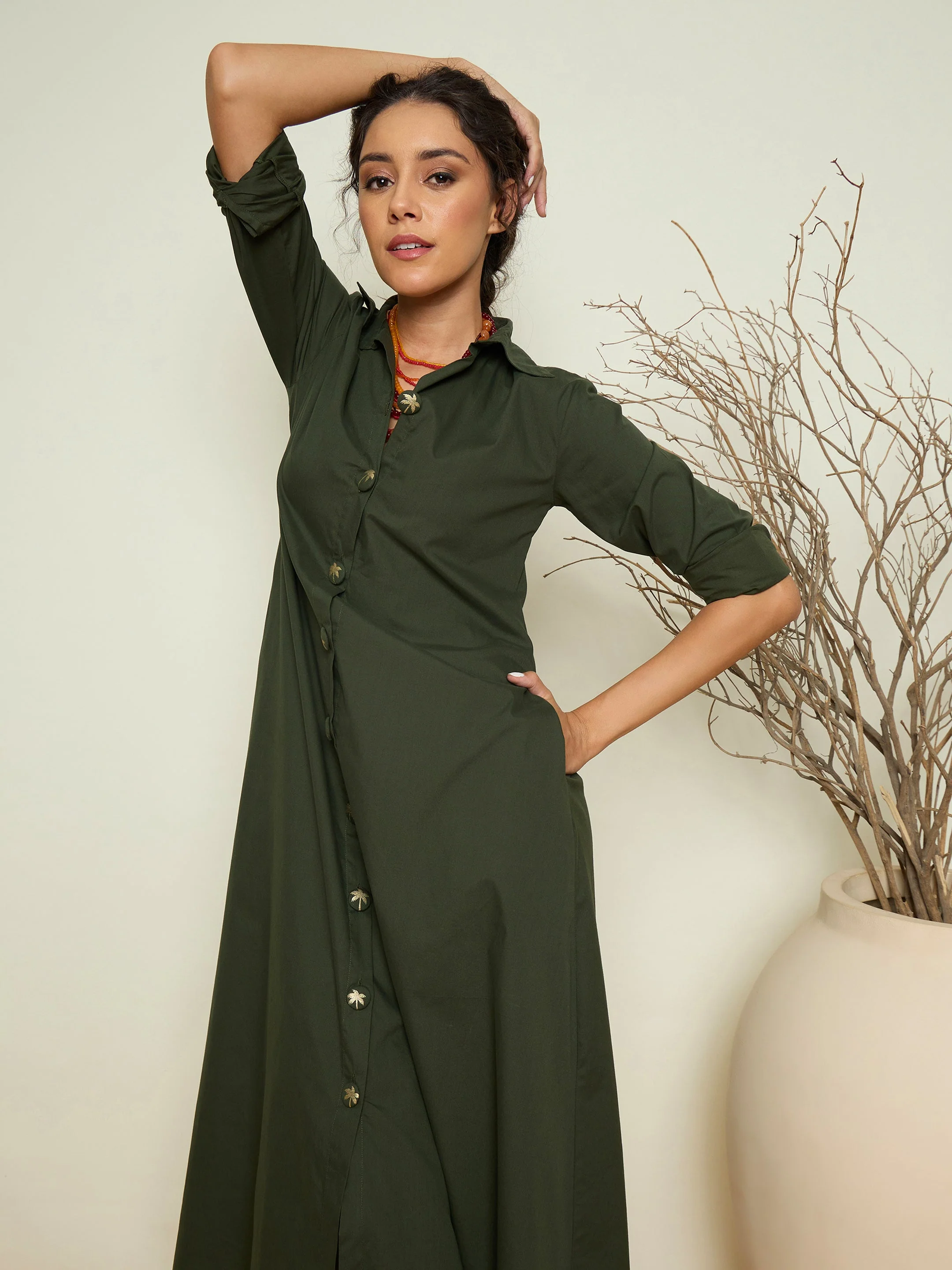 Women Olive Foil Printed Longline Shirt Dress - Image 4