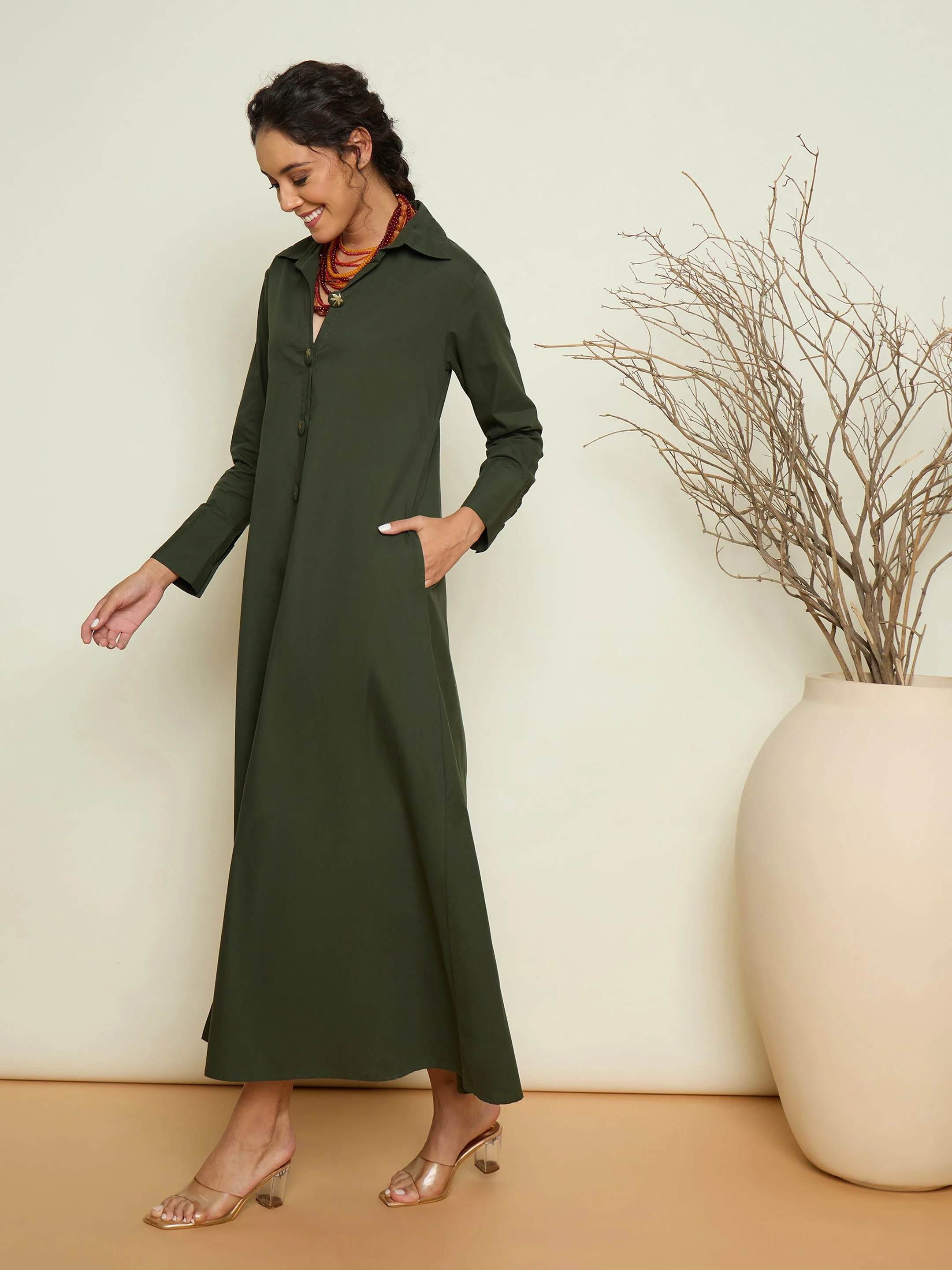 Women Olive Foil Printed Longline Shirt Dress - Image 5