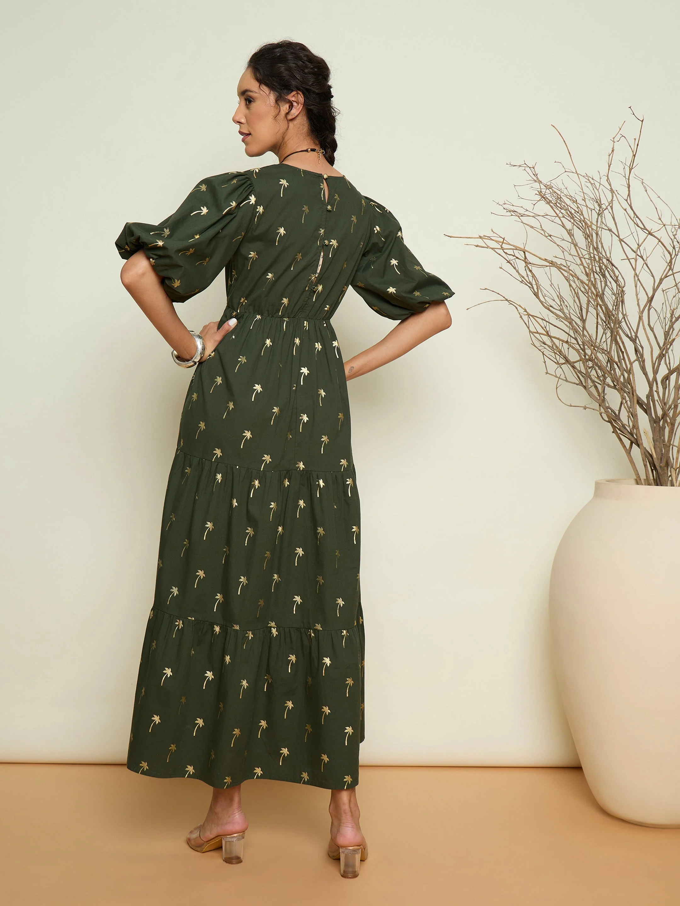 Women Olive Foil Printed Puff Sleeves Tiered Maxi Dress - Image 2