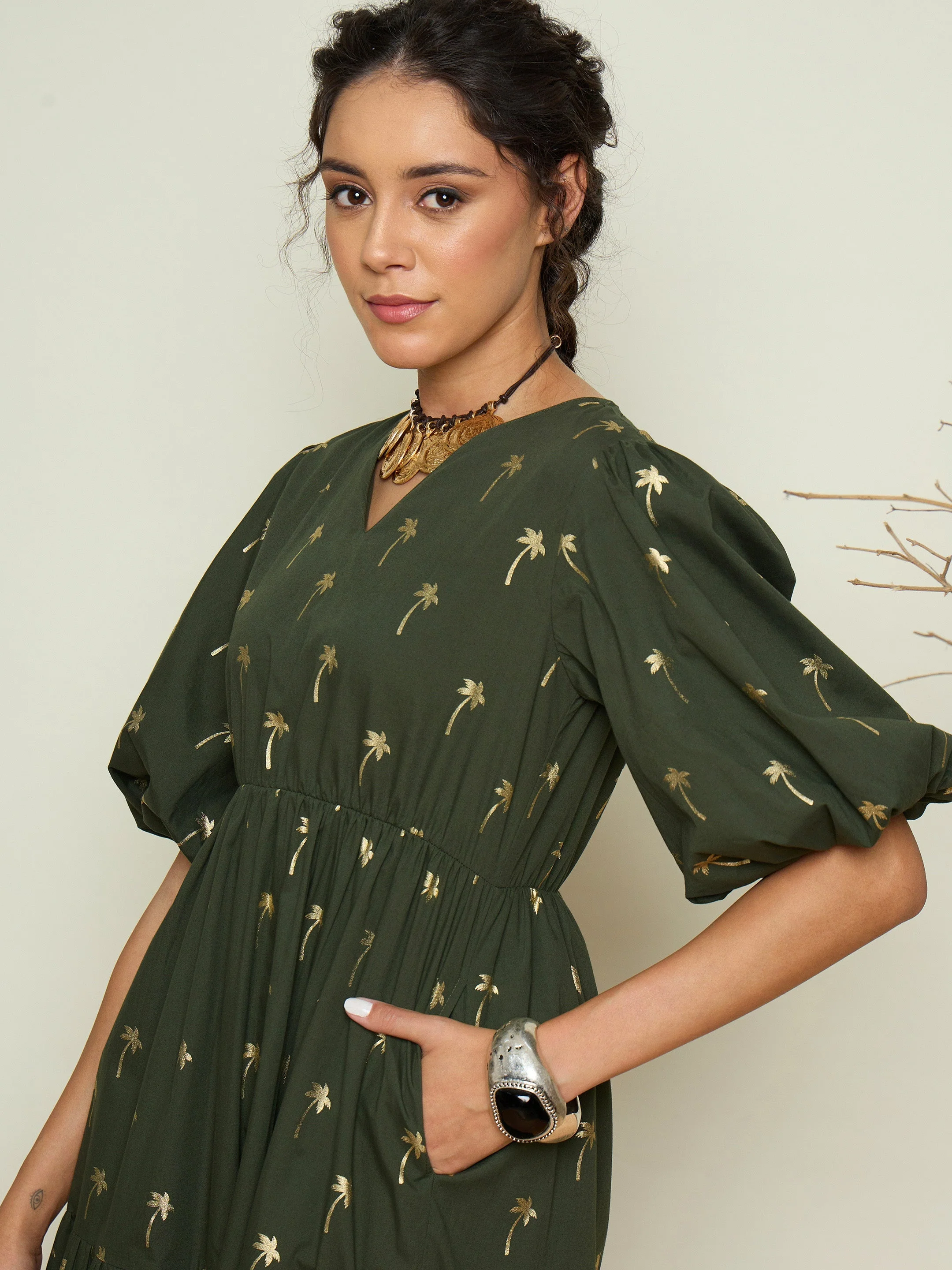 Women Olive Foil Printed Puff Sleeves Tiered Maxi Dress - Image 3
