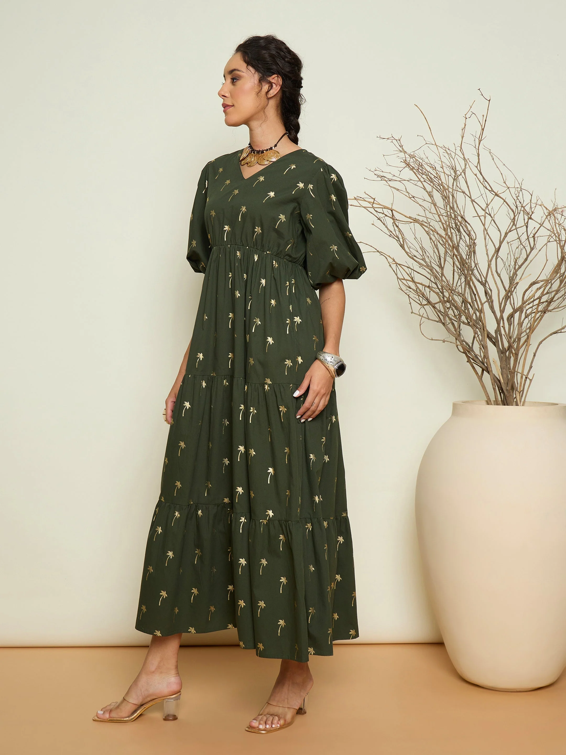 Women Olive Foil Printed Puff Sleeves Tiered Maxi Dress - Image 4