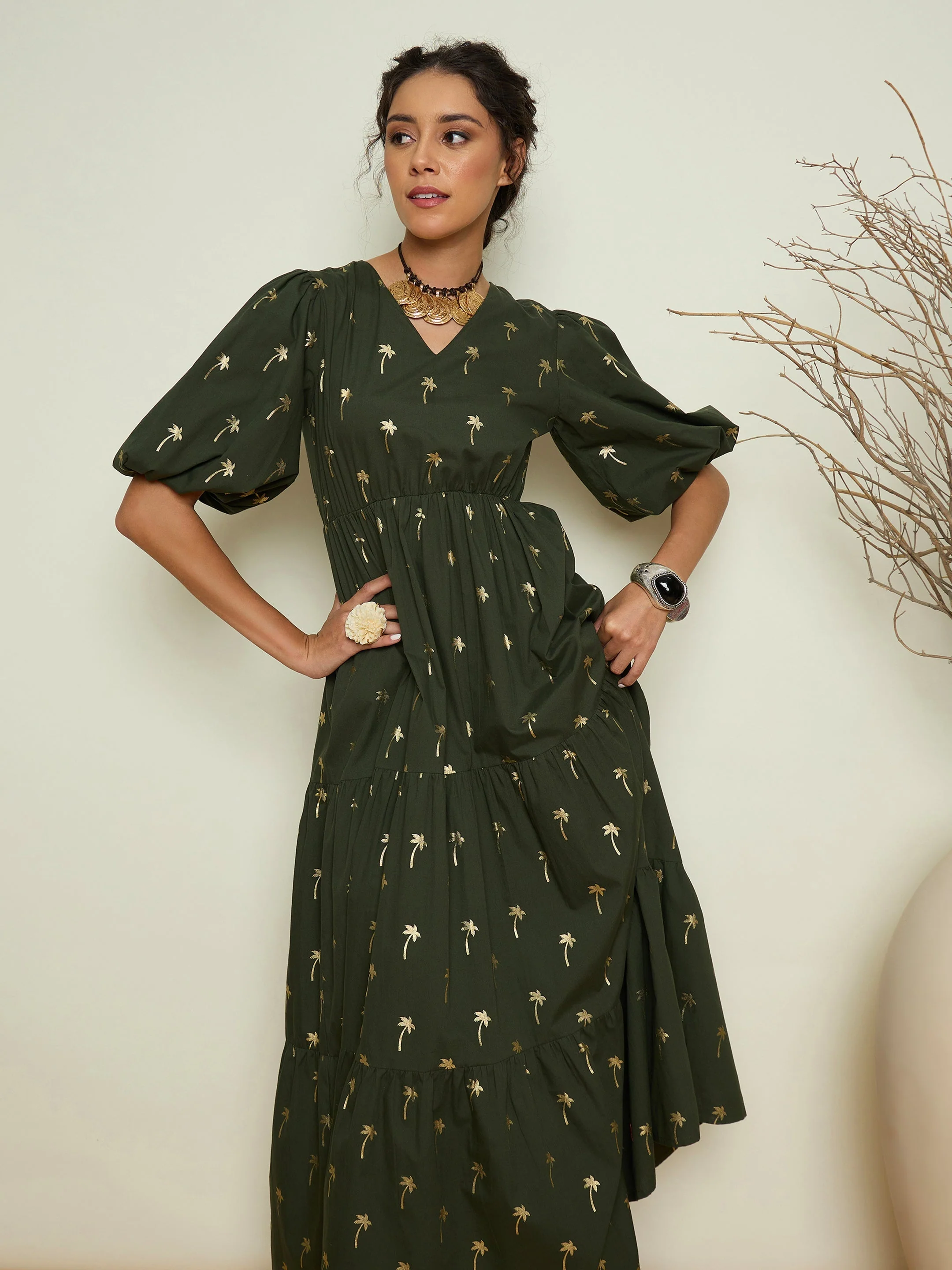 Women Olive Foil Printed Puff Sleeves Tiered Maxi Dress - Image 5