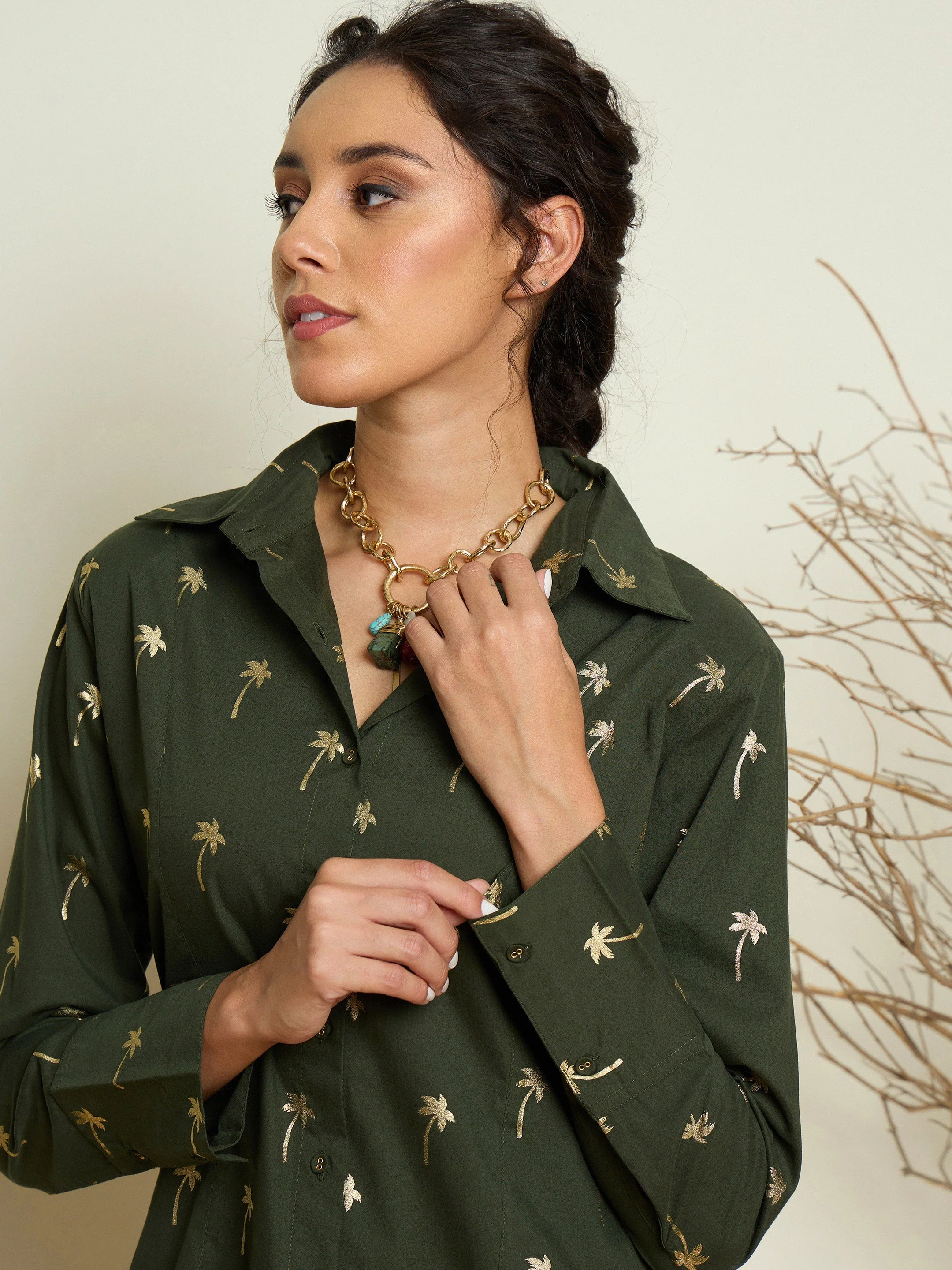 Women Olive Foil Printed Shoulder Padded Slim Fit Poplin Shirt - Image 3