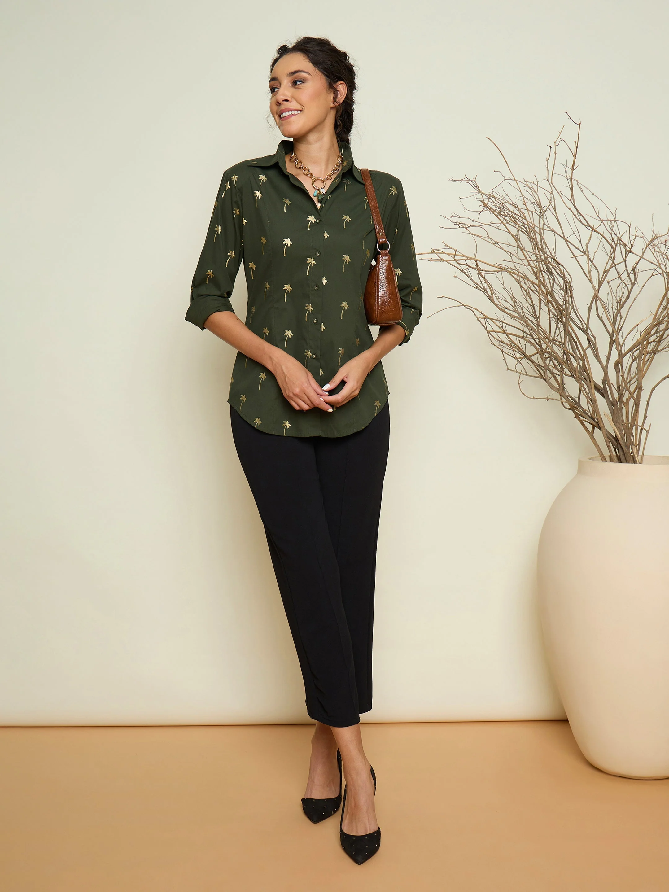 Women Olive Foil Printed Shoulder Padded Slim Fit Poplin Shirt - Image 5