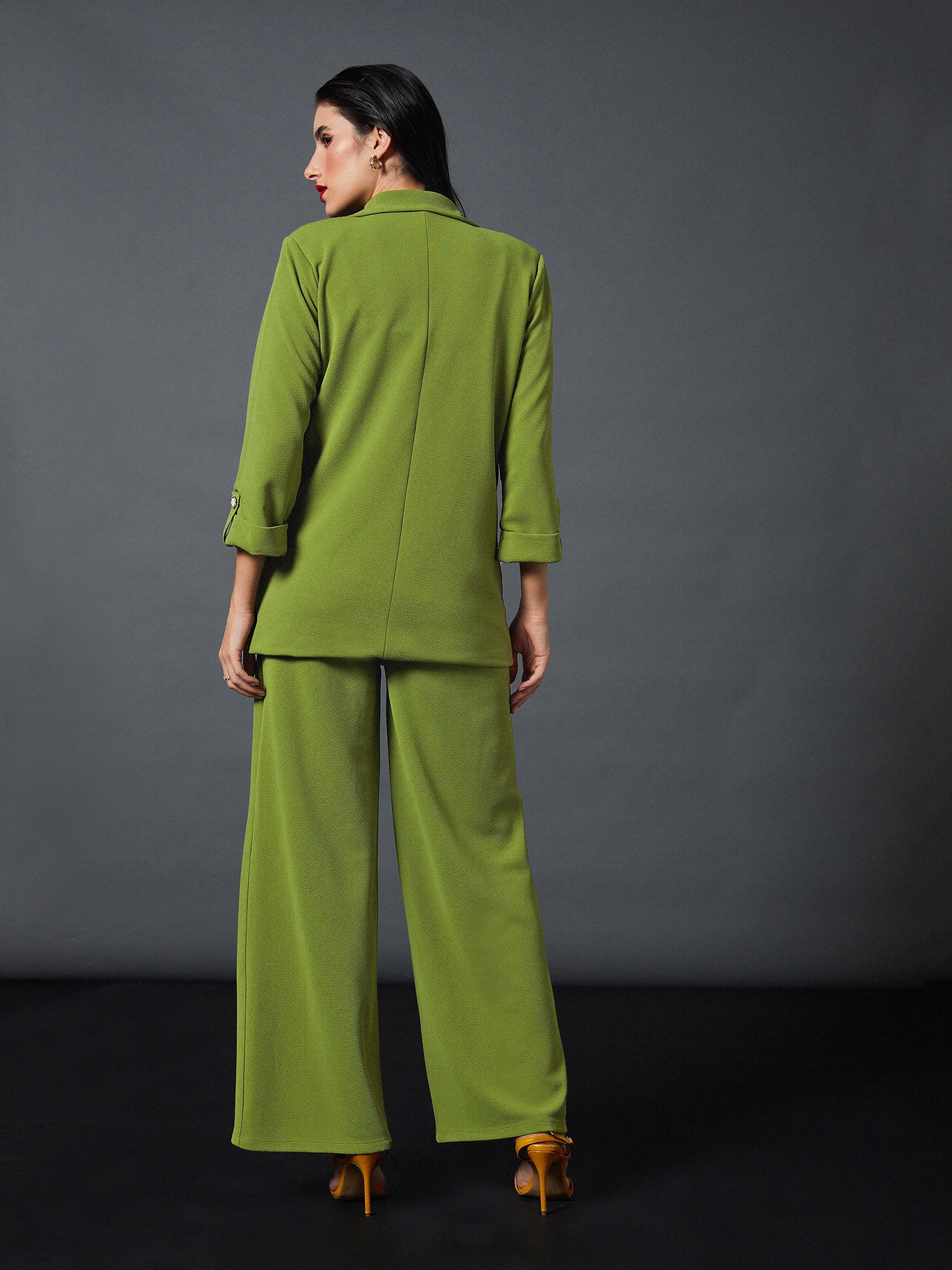 Women Olive Front Button Blazer With Palazzo Pants - Image 2