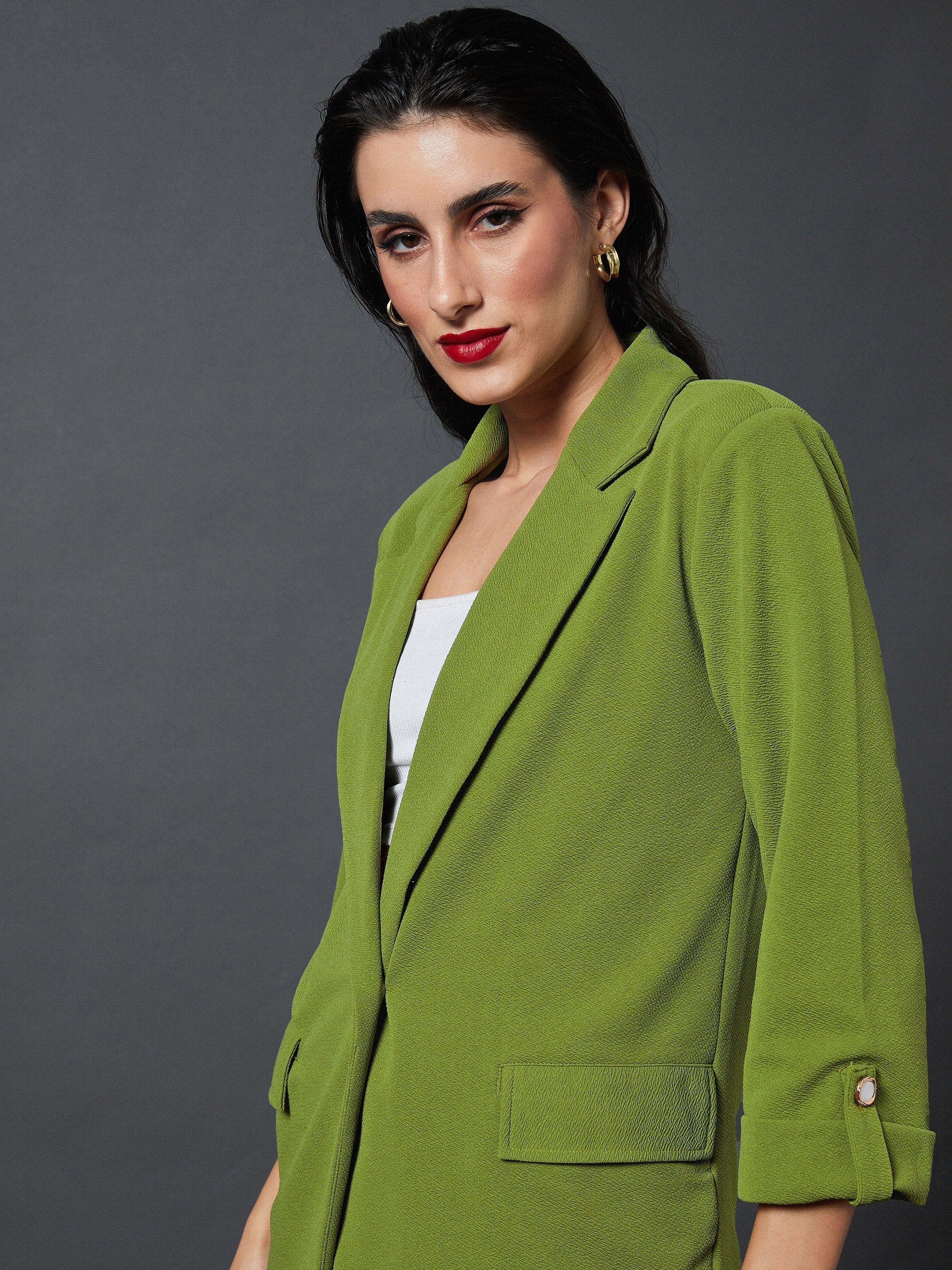 Women Olive Front Button Blazer With Palazzo Pants - Image 3