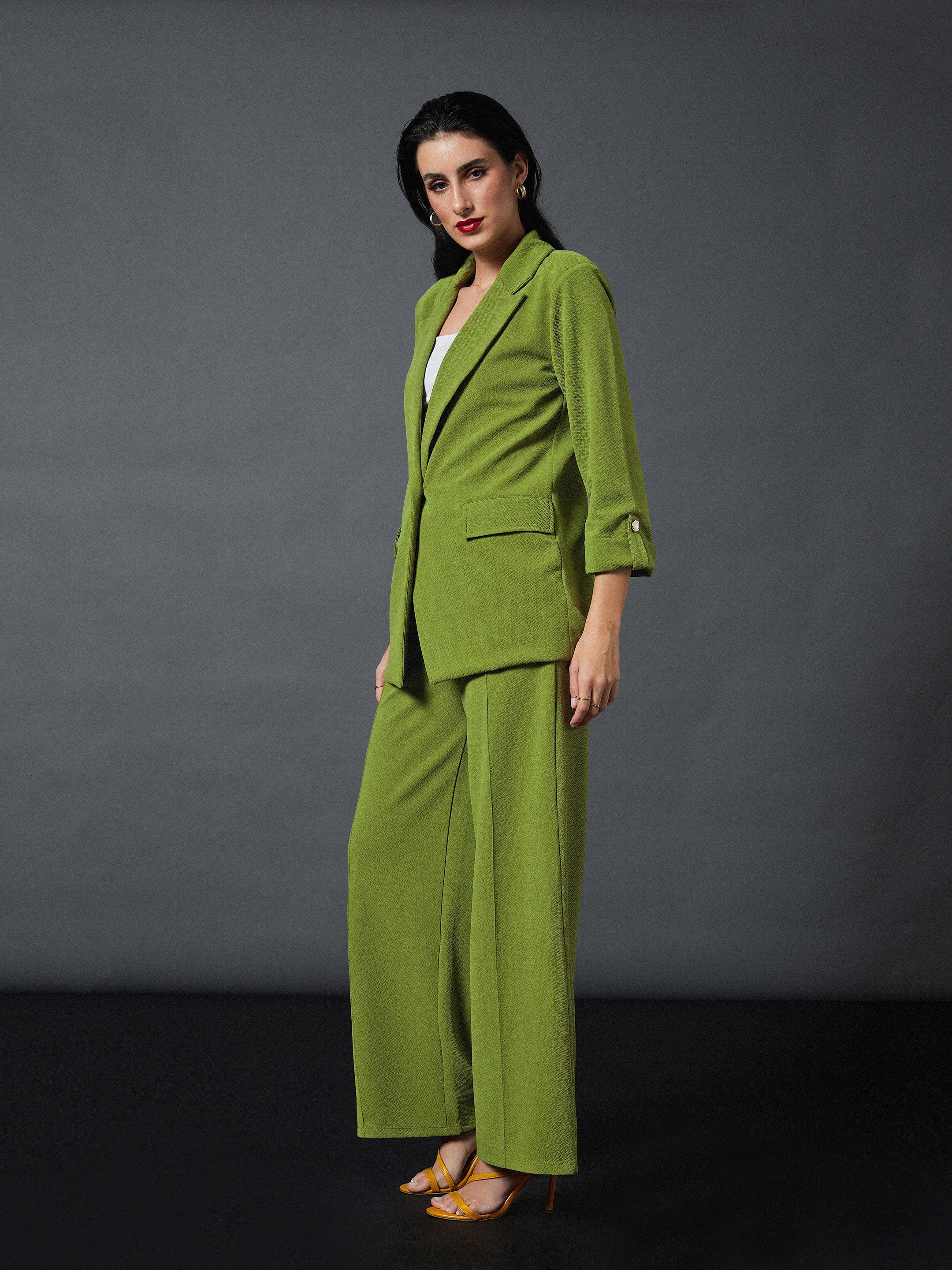 Women Olive Front Button Blazer With Palazzo Pants - Image 5