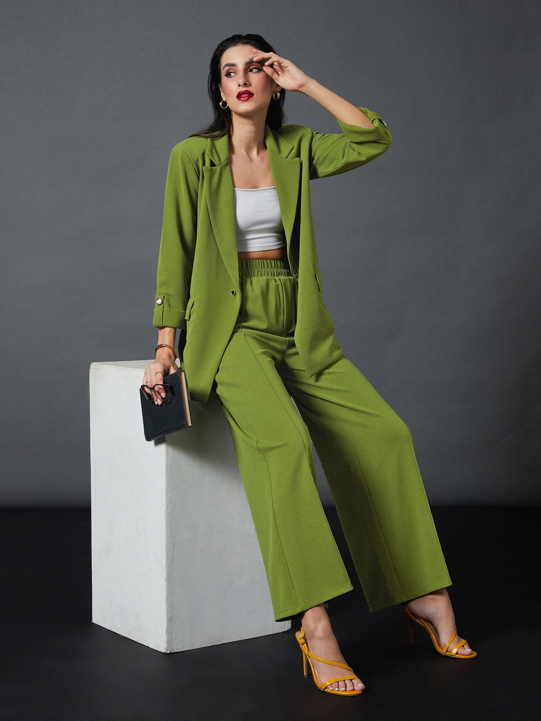 Women Olive Front Button Blazer With Palazzo Pants - Image 6
