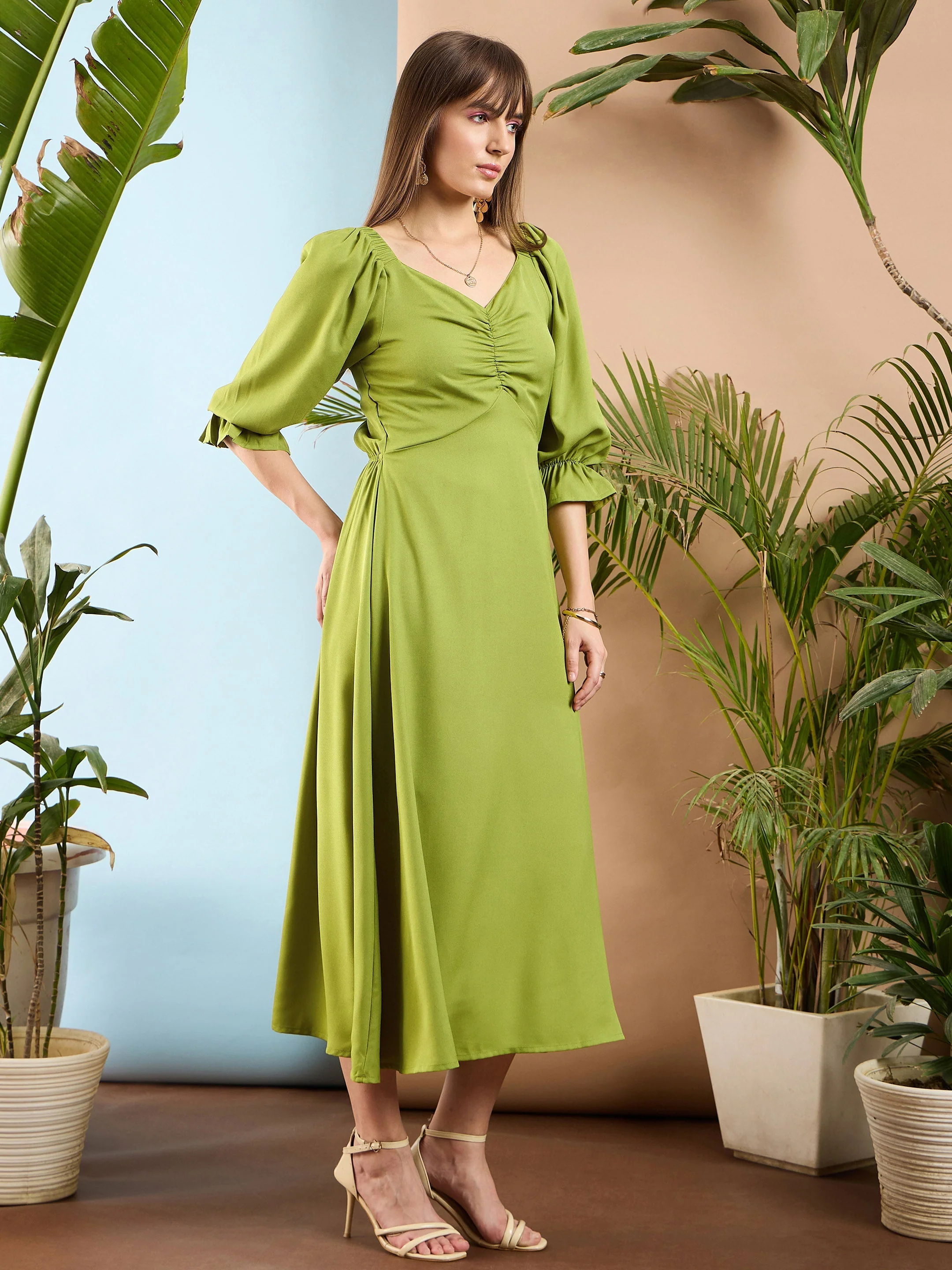 Women Olive Front Ruched Back Cut Out Midi Dress - Image 5