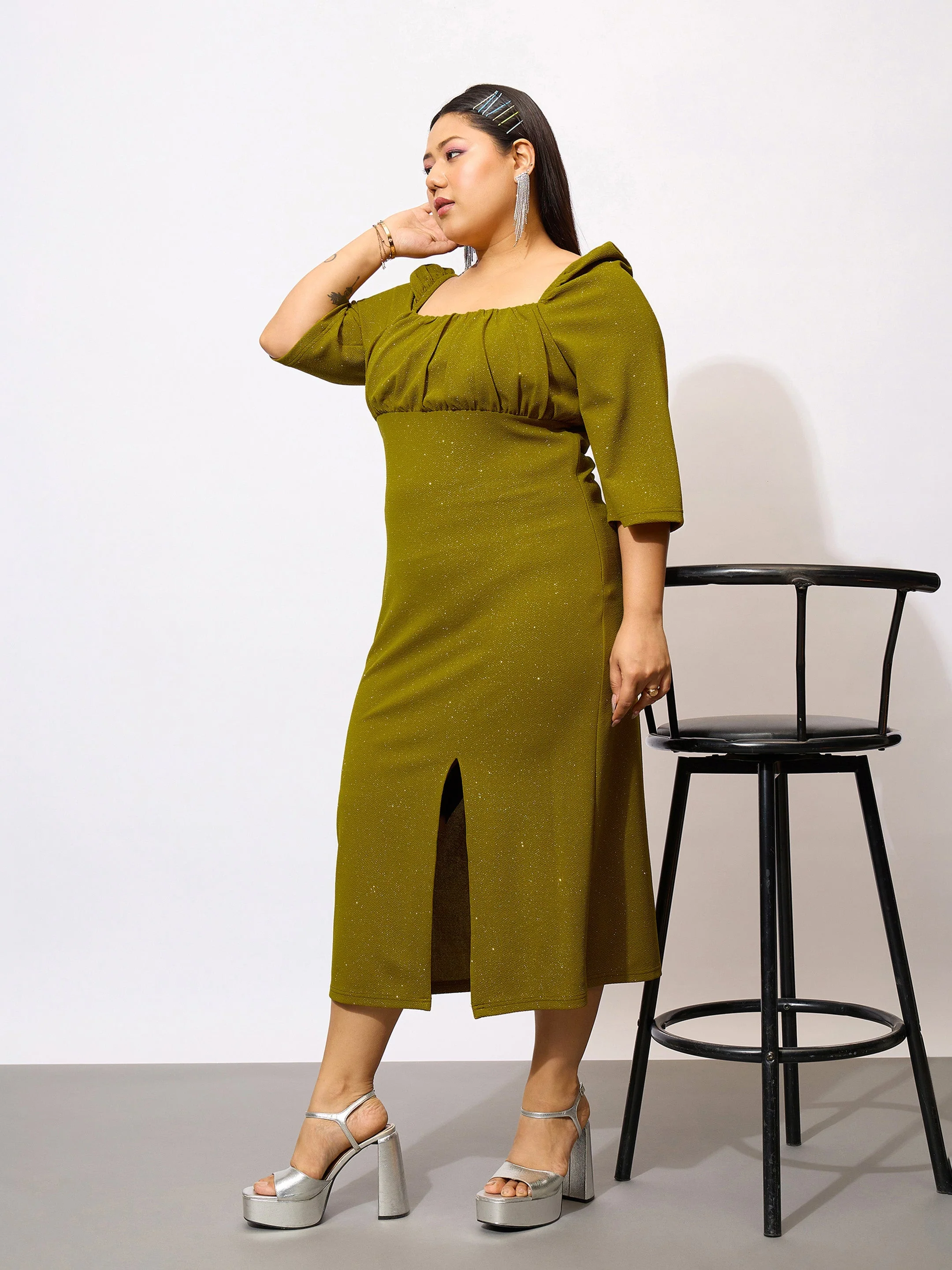Women Olive Glitter Bust Ruched Bodycon Dress - Image 3
