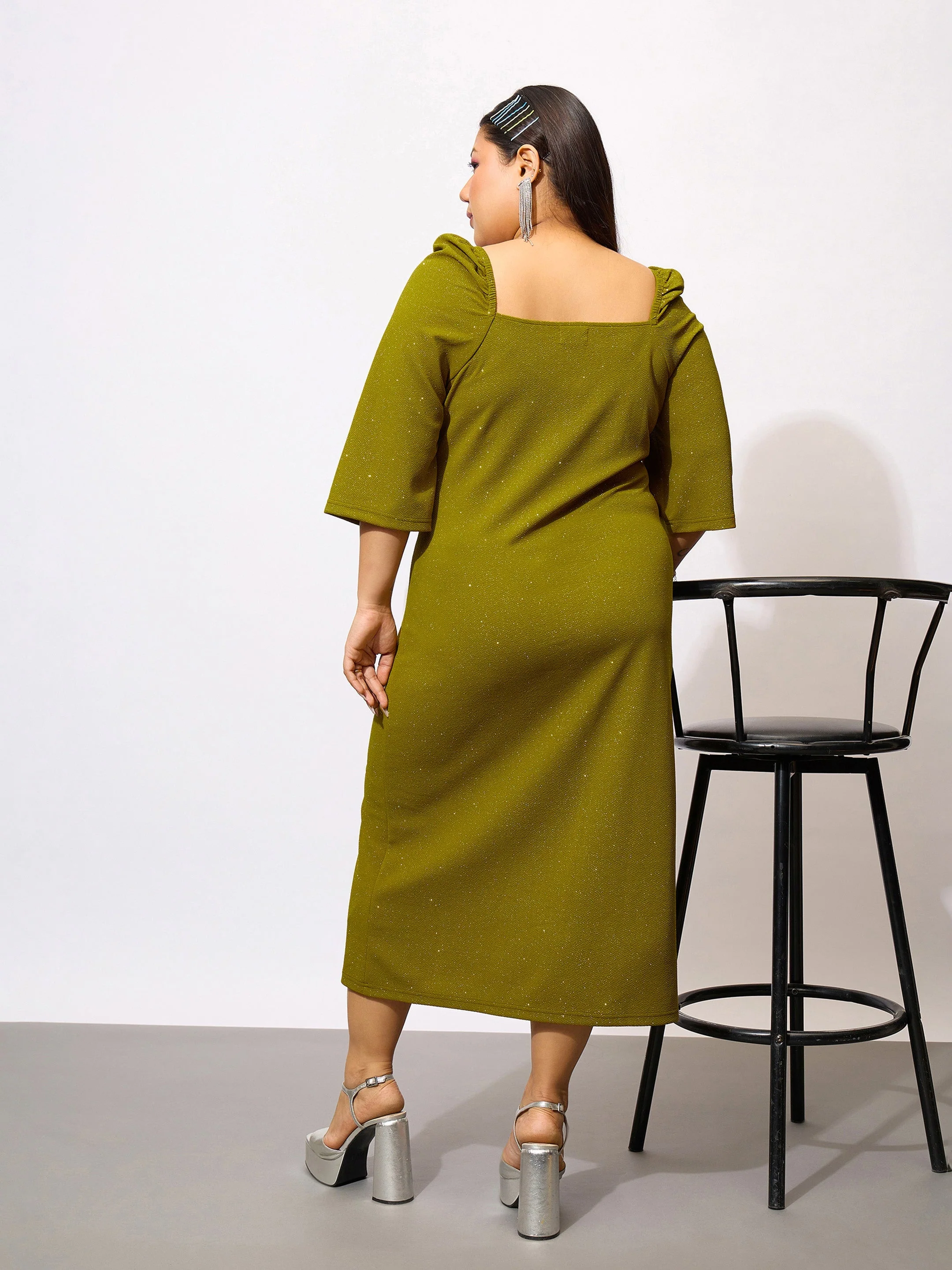 Women Olive Glitter Bust Ruched Bodycon Dress - Image 5