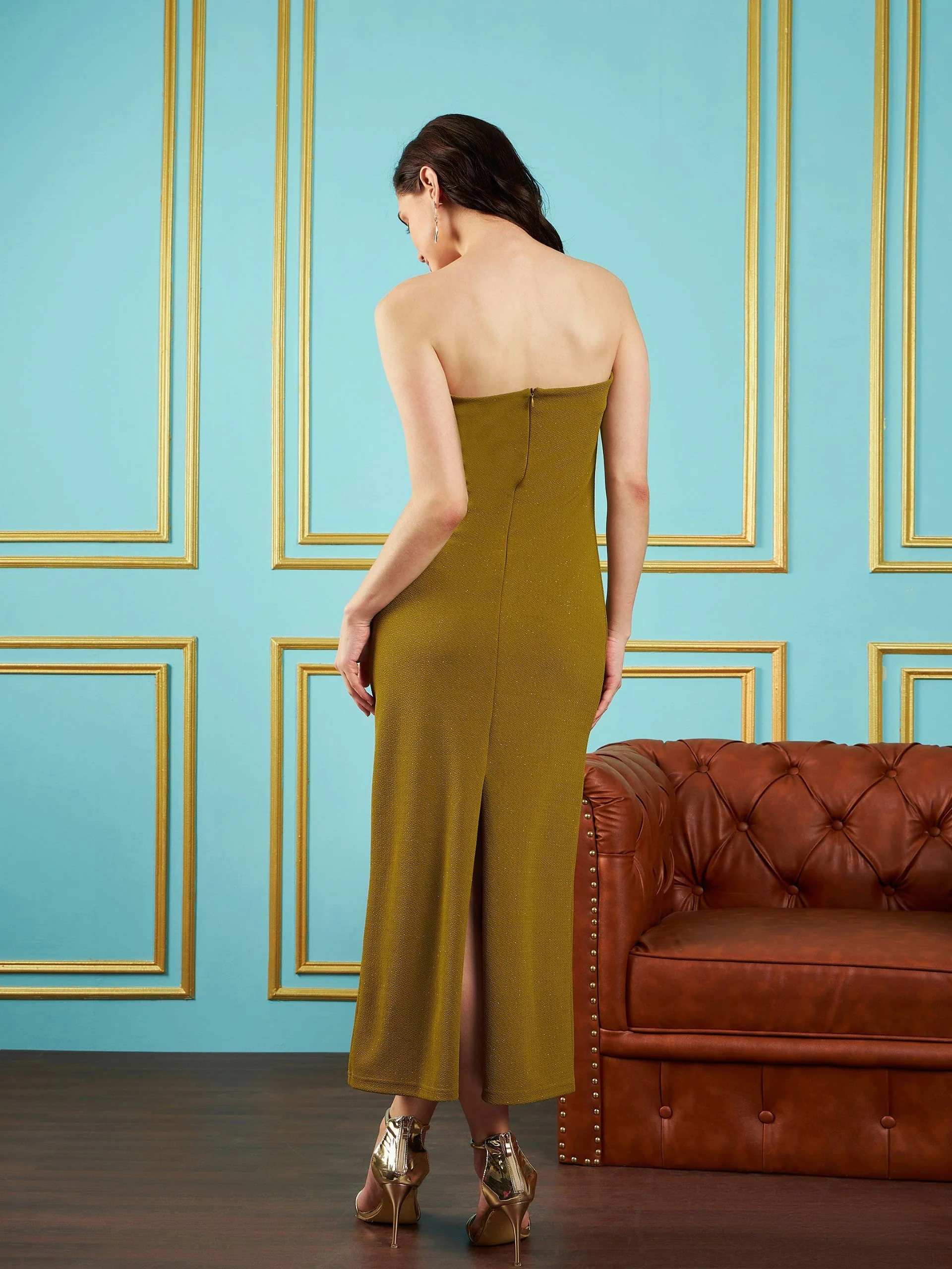 Women Olive Glitter Corset Maxi Dress - Image 5