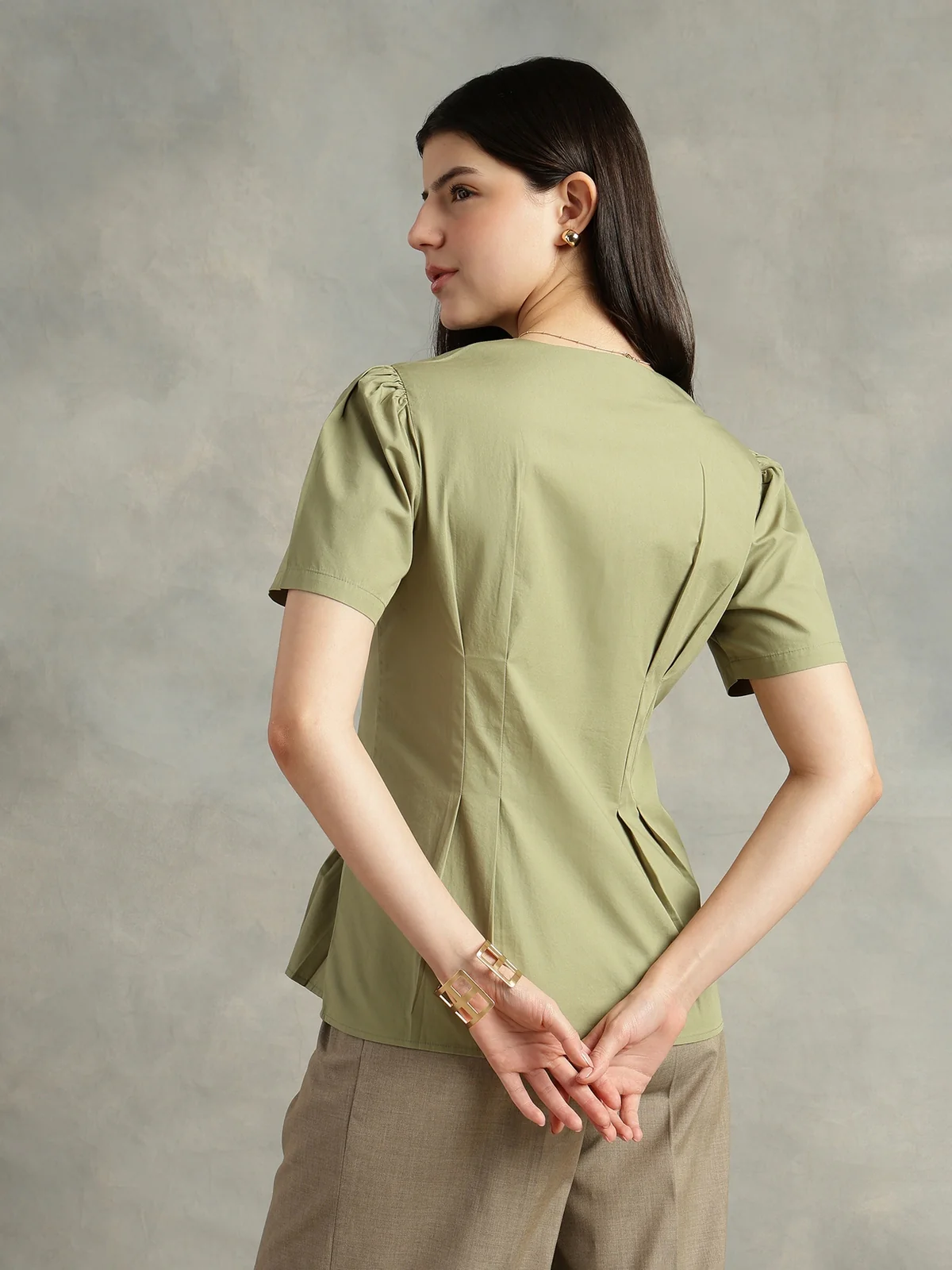 Women Olive Green Cotton Short Sleeve Shirt - Image 2